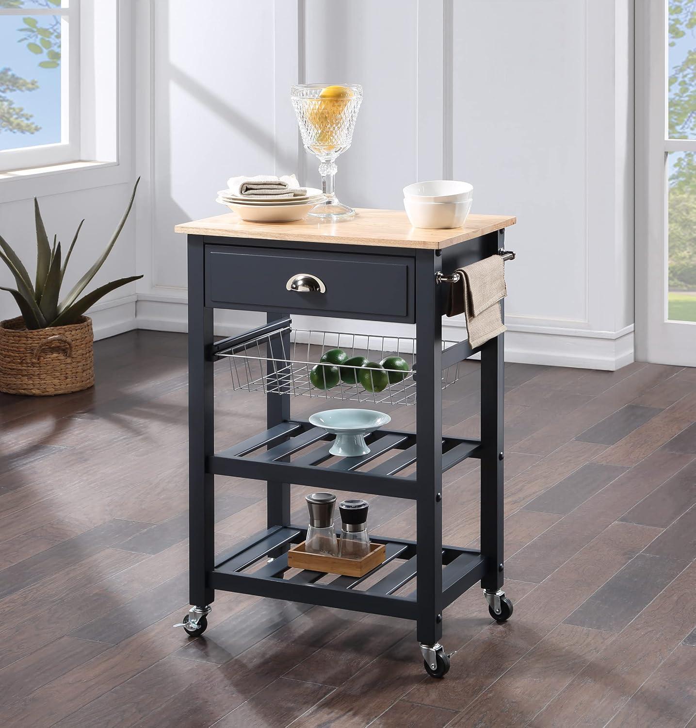 Hampton Engineered Wood Kitchen Cart With Wood Top and Blue Stone Base