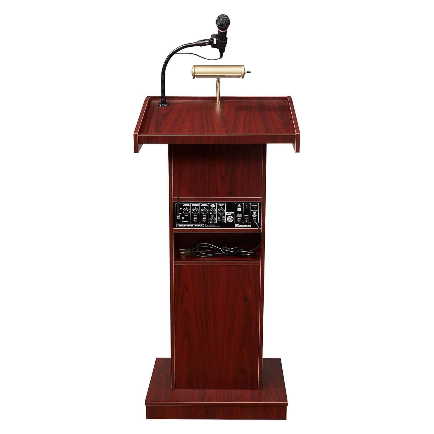 Mahogany and Black Multimedia Workstation Lectern with Brass Lamp