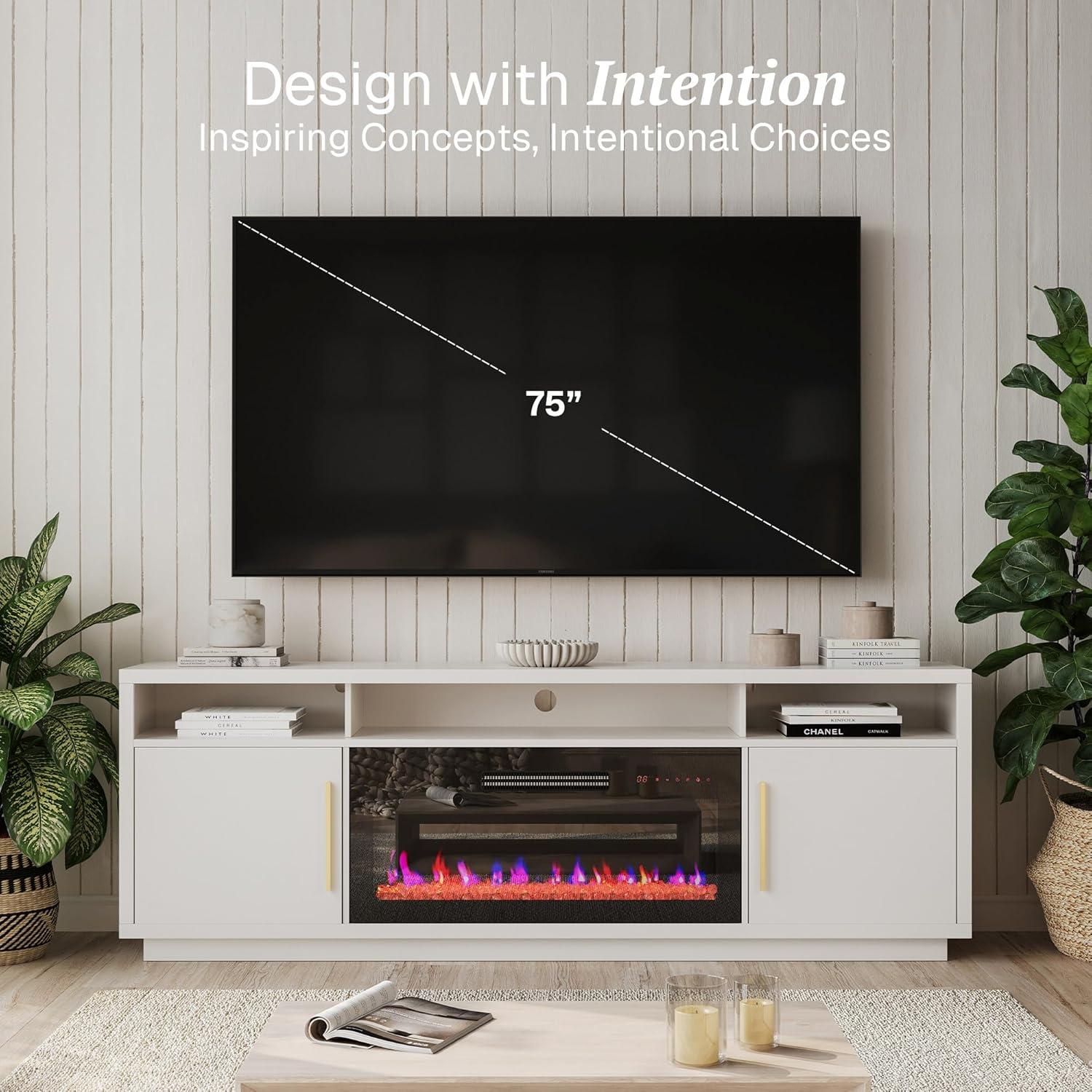 Ivy Bronx Modern 79" Fireplace TV Stand for TVs Up to 85" with Cat Litter Box,LED Light Entertainment Center With 36" Electric Fireplace and Graphene Heating