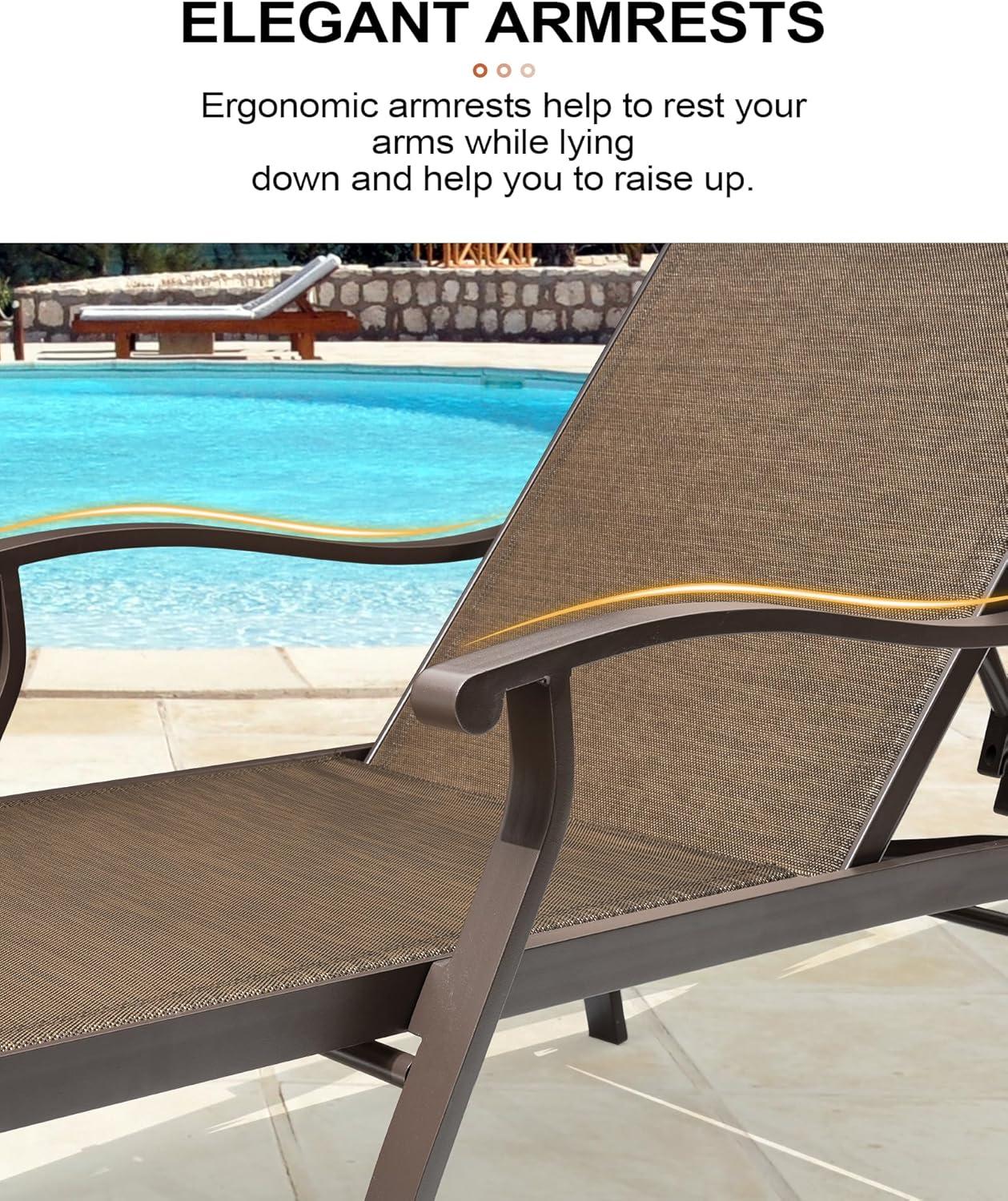 Outdoor Aluminum Adjustable Chaise Lounge Chair with Arms - Brown - Crestlive Products