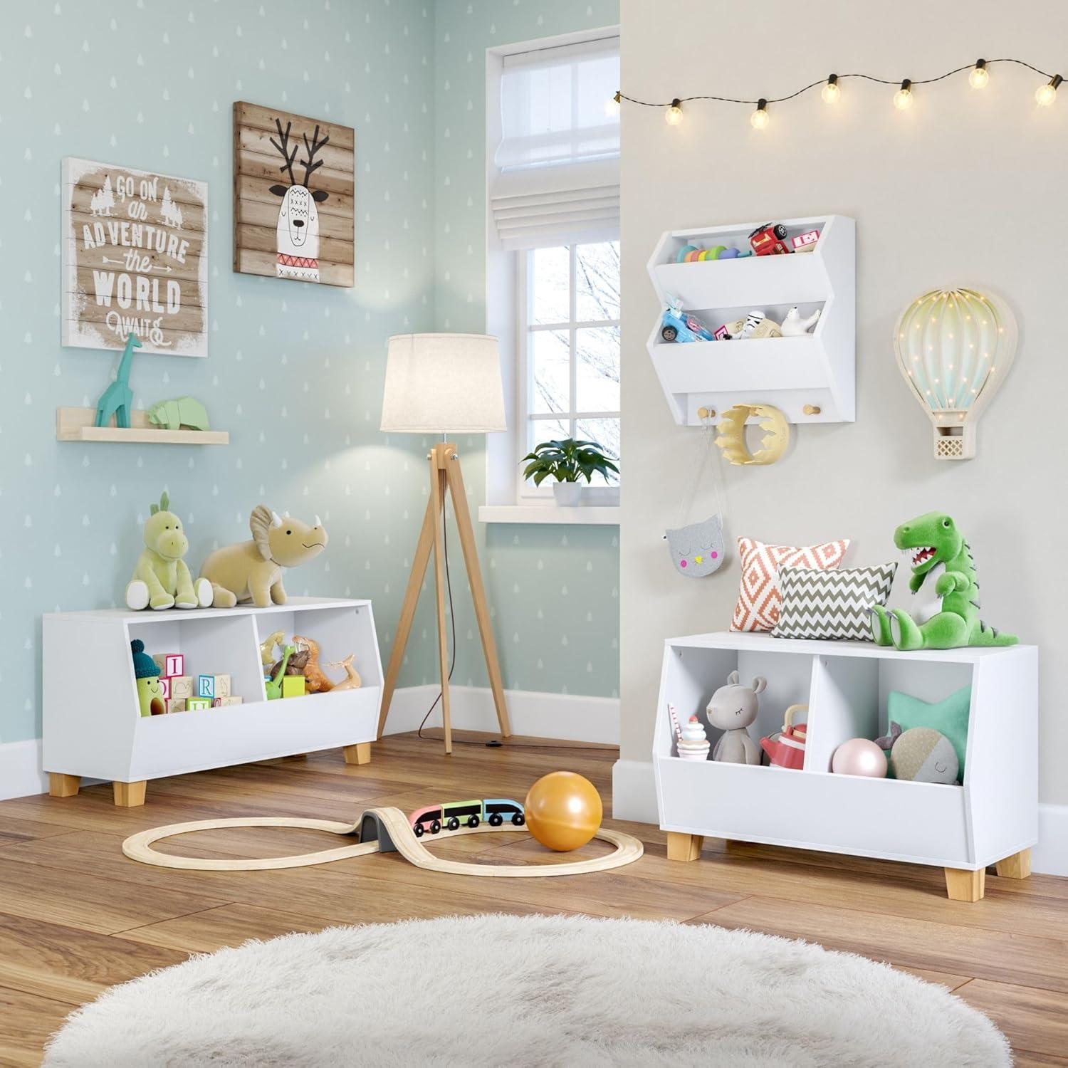 RiverRidge Kids' CatchAll Wall Bookshelf with 2 Toy Storage Cubbies and 3 Wooden Hooks White