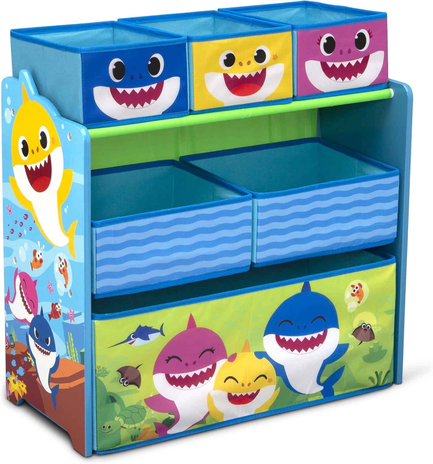 Baby Shark Blue and Yellow Wooden Toy Organizer with 6 Bins