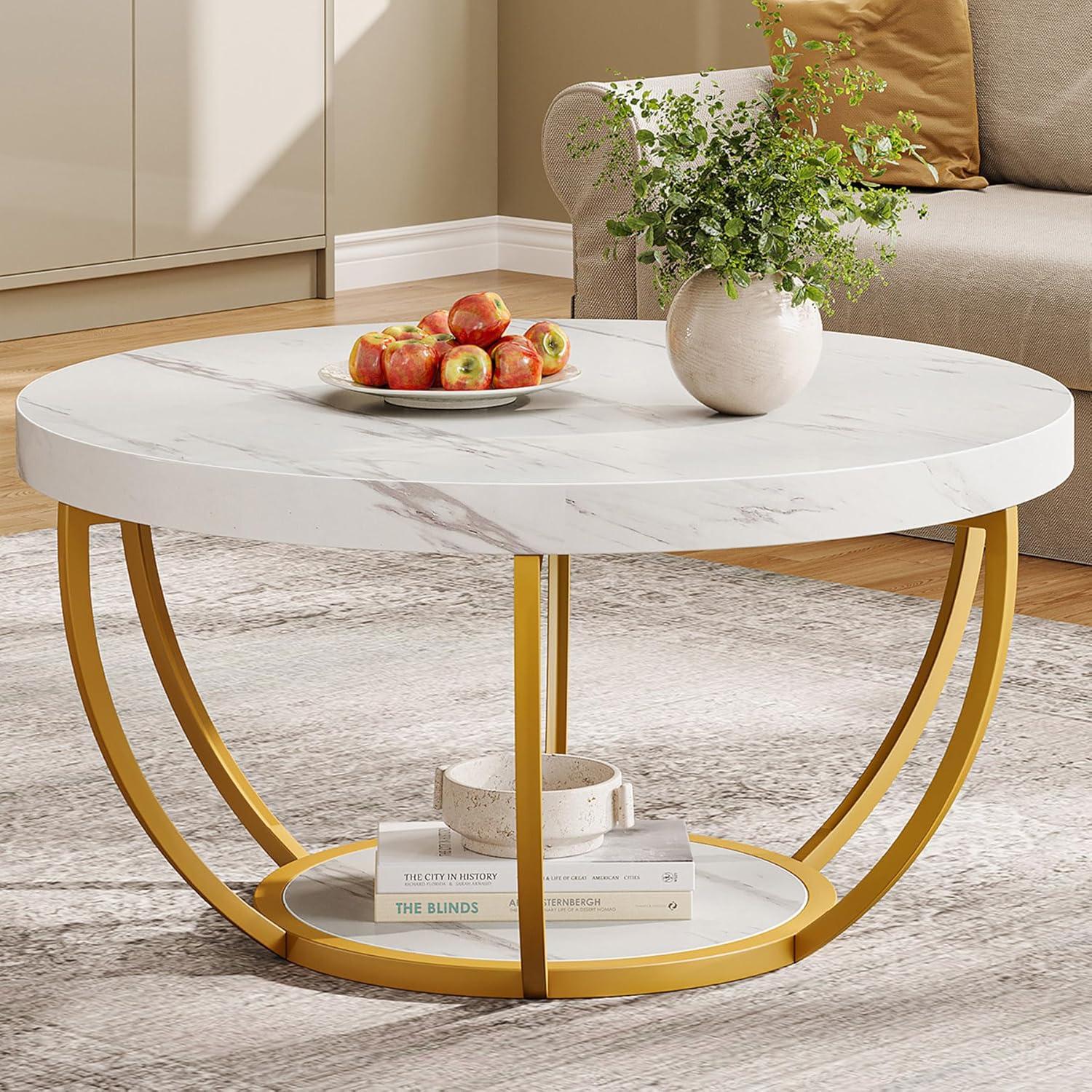 Kepooman Wooden Coffee Table, 2-Tier Round Central Cocktail Table with Shelves,White