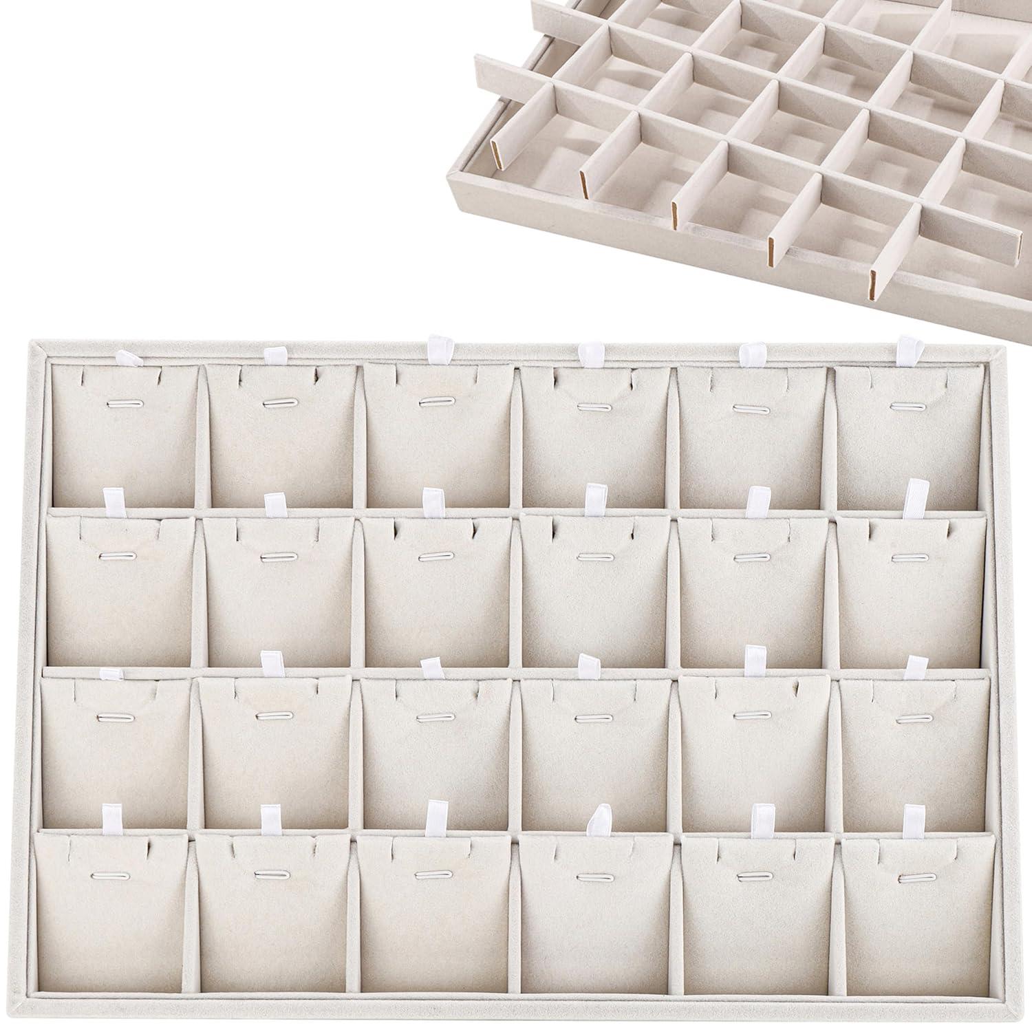 Elegant Beige Linen 24-Compartment Jewelry Tray Organizer