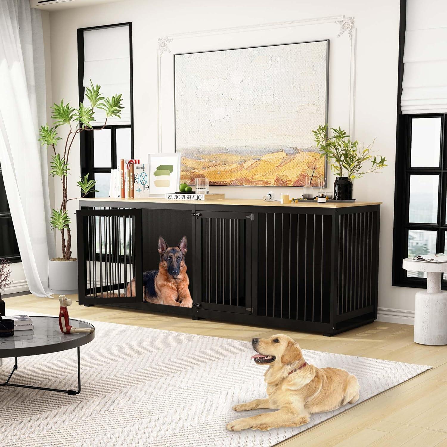 94.5" Extra Large Dog Crate Furniture, Heavy Duty Dog Kennel with a Removable Divider, Indoor Furniture Style Dog Crate House TV Stand with Double Rooms for Large Medium Breed Dogs, Black