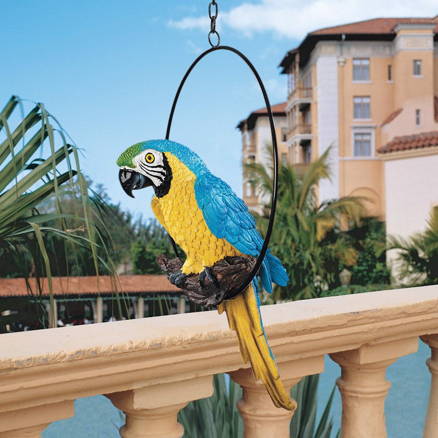 Design Toscano Polly in Paradise Parrot Hanging Bird Ring Perch Indoor/Outdoor Statue, Medium 14 Inch Tall, Cast Stone Resin, Blue Yellow Finish