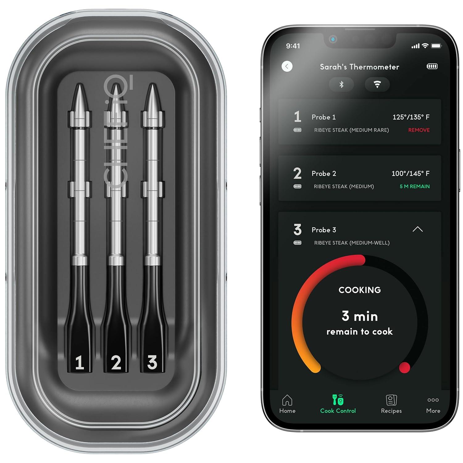 CHEF iQ Sense Smart Wireless Ultra-Thin Meat Thermometer, Unlimited Range, Bluetooth & Wifi, - 3 Probe Set with Smart Hub