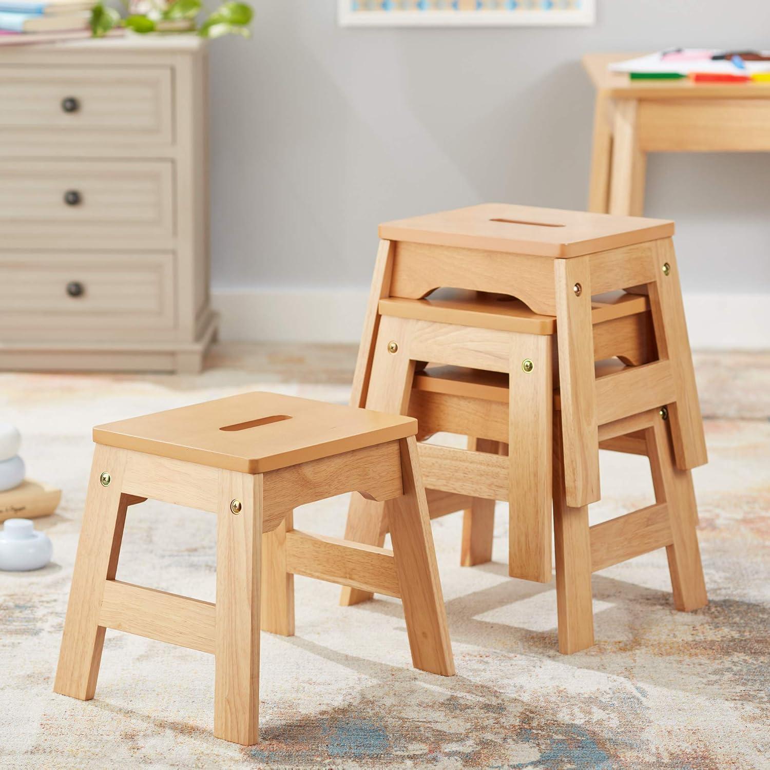 Natural Light Woodgrain Stackable Kids Wooden Stools Set