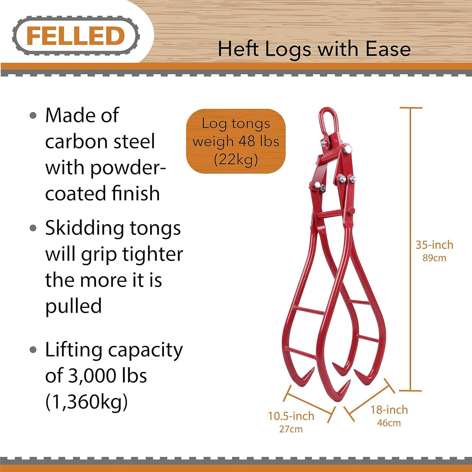 Felled 36in Log Lifting Tongs - 49in Cap Steel Timber Log Grapple Skidding Tongs