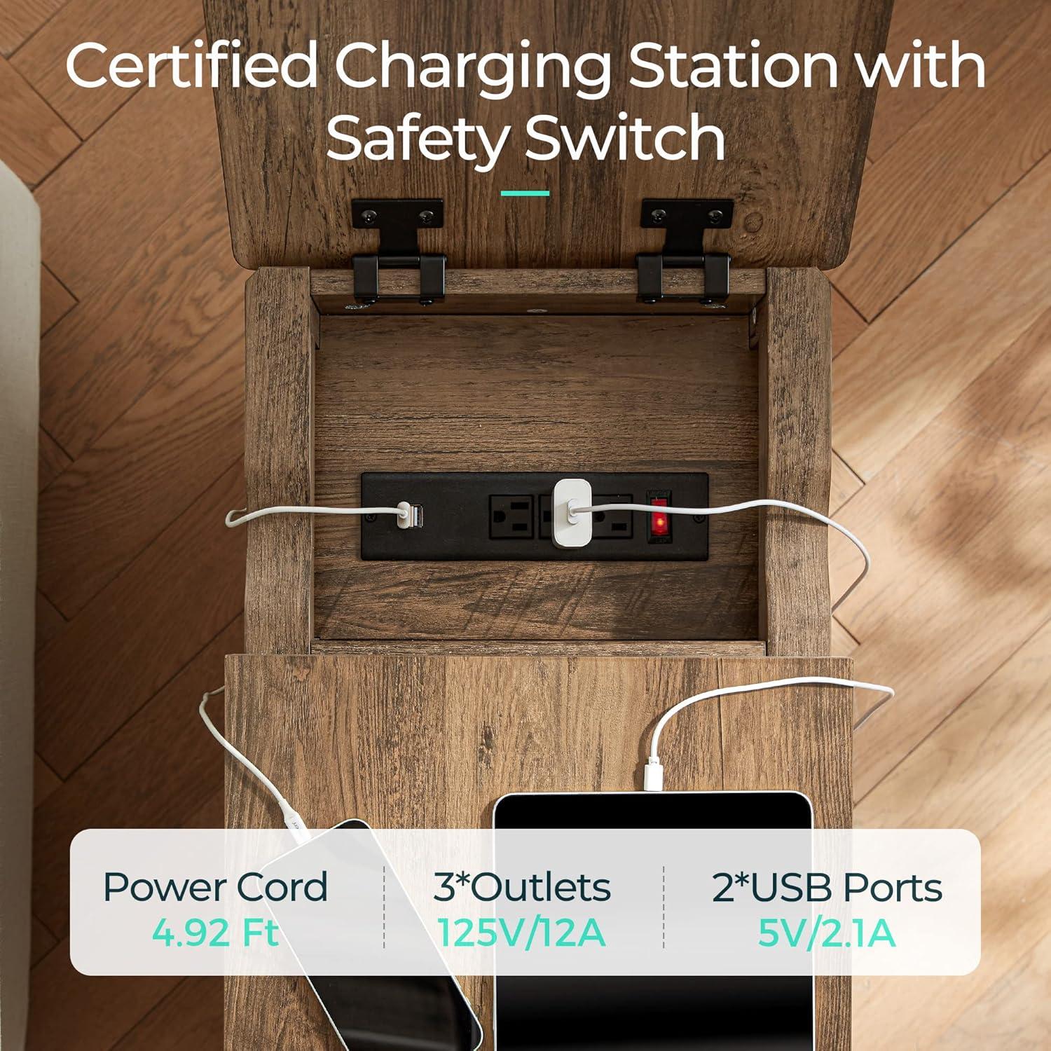 LINSY HOME End Table with Charging Station, Side Table for Bedroom with Drawer and Detachable Holder, Multiple Storage Space, Extra Storage & Display Space, Small Nightstand for Living Room,brown