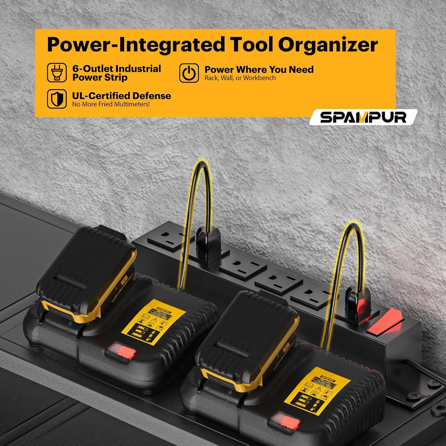 UNIVERSAL WINDOW SOLUTIONS Power Tool Organizer With Charging Station, 8 Drill Holder Wall Mount, 4 Layer Storage Rack For Garage Storage, Heavy Duty Utility Racks, Tool Battery Shelf With 6 Outlet Power Strip