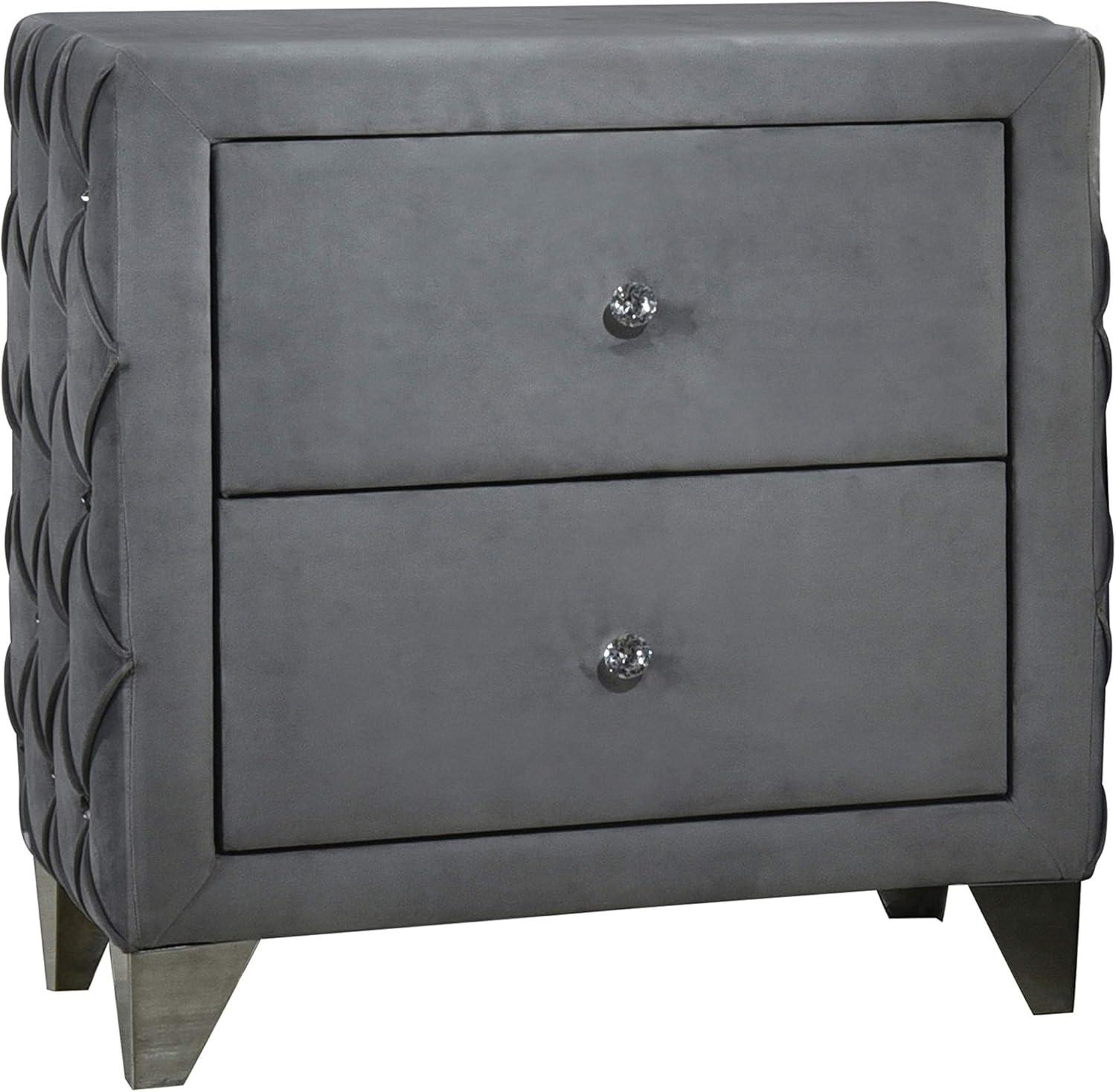 Gray Velvet 2-Drawer Upholstered Nightstand with Crystal Knobs