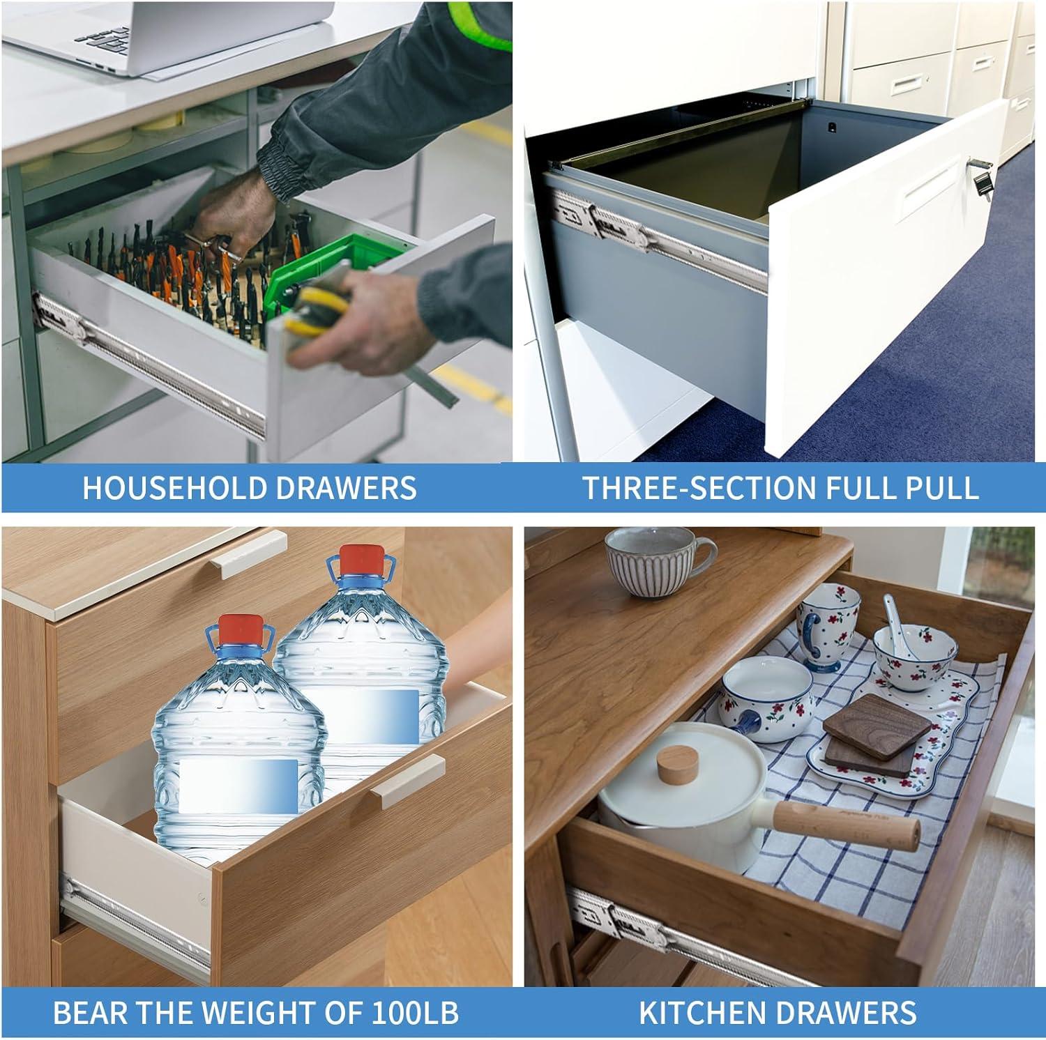 12 inch Drawer Slides 4 Pairs (8pcs) Soft Self Close Full Extension Ball Bearing Drawer Rails Side Mount Metal Dresser Runners for File Cabinet Trash Can Kitchen Wardrobe Glides 12" 100 LB Capacity