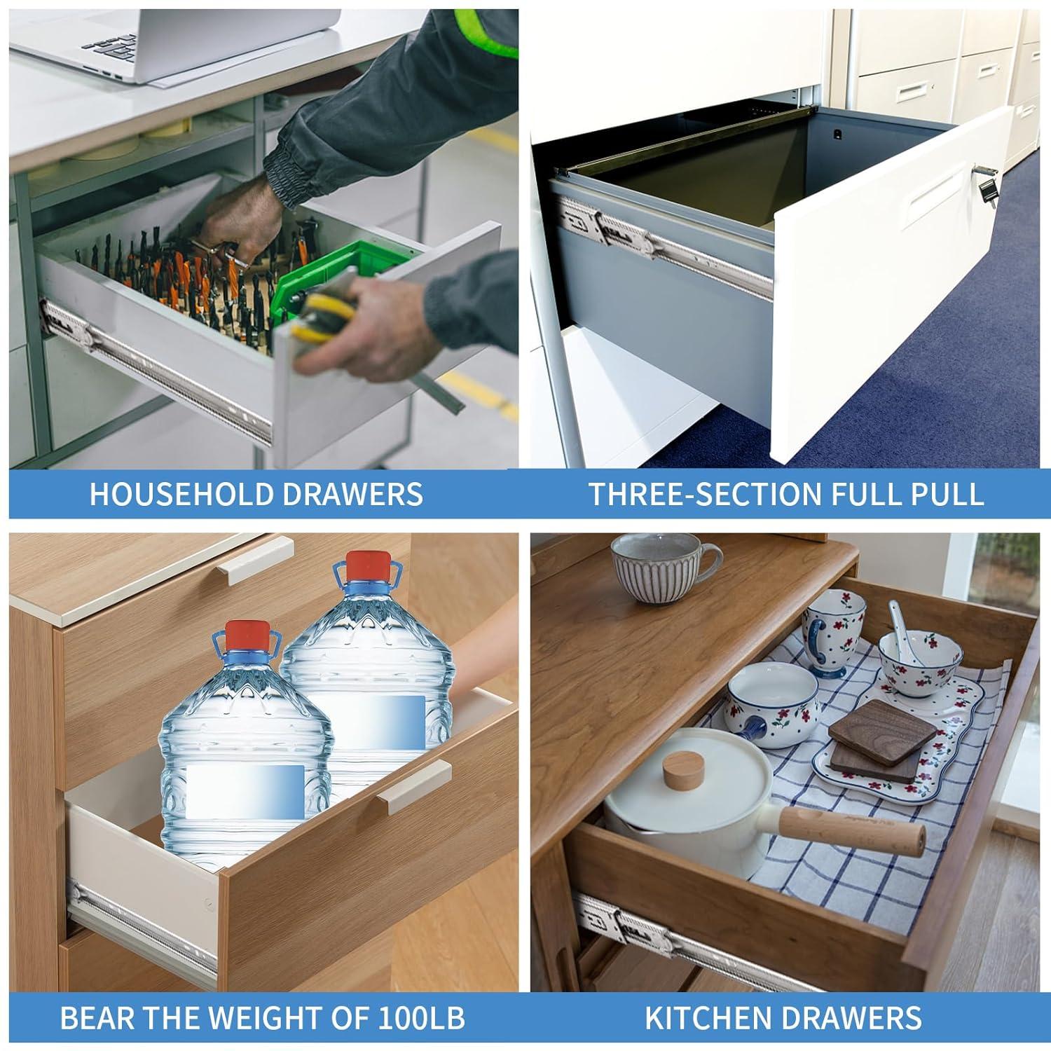 12 inch Drawer Slides 4 Pairs (8pcs) Soft Self Close Full Extension Ball Bearing Drawer Rails Side Mount Metal Dresser Runners for File Cabinet Trash Can Kitchen Wardrobe Glides 12" 100 LB Capacity