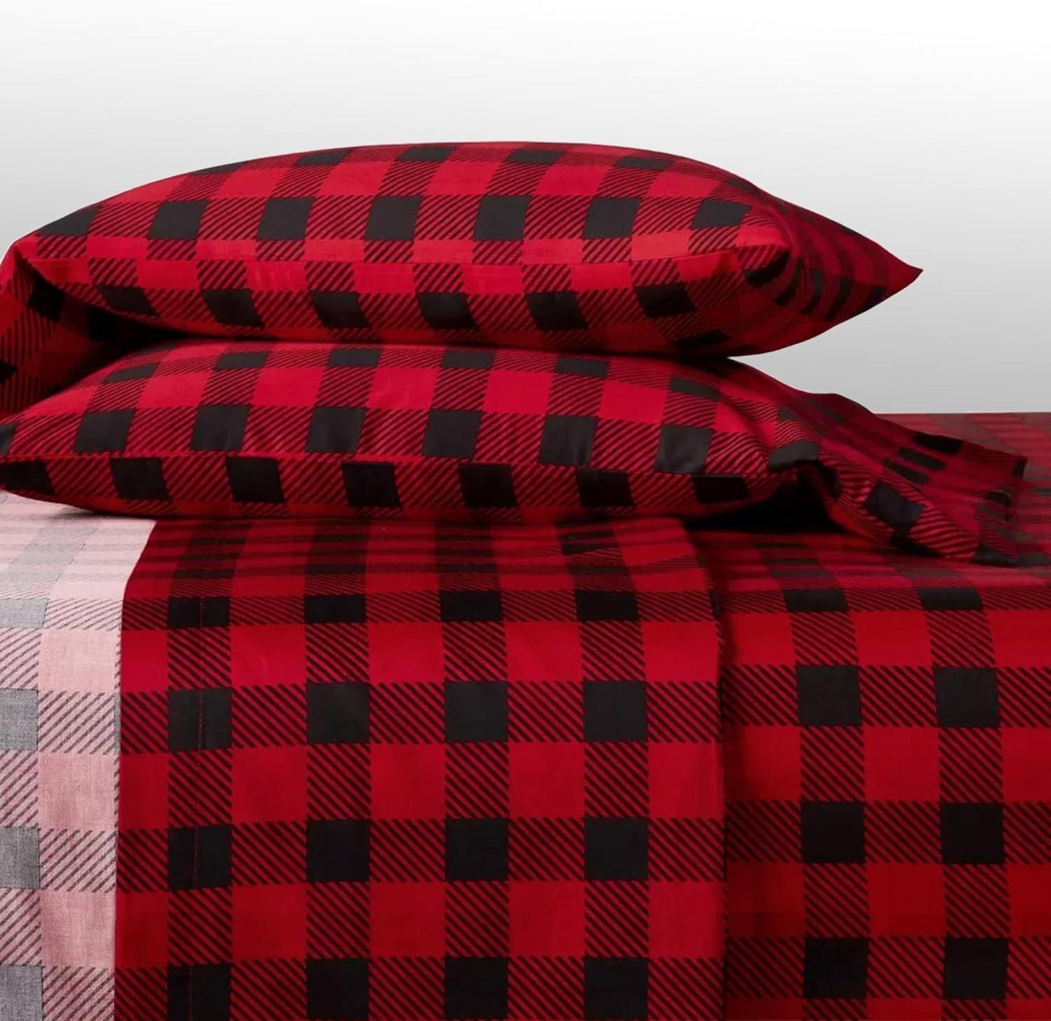 Bliss Casa 4 Piece 100% Cotton Flannel Sheet Set King - High GSM Deep Pockets, Warm Breathable Flannel Sheet Set. Flannel Bed Set Include Flat Sheet, Fitted Sheet & Pillowcases (Buffalo Check)