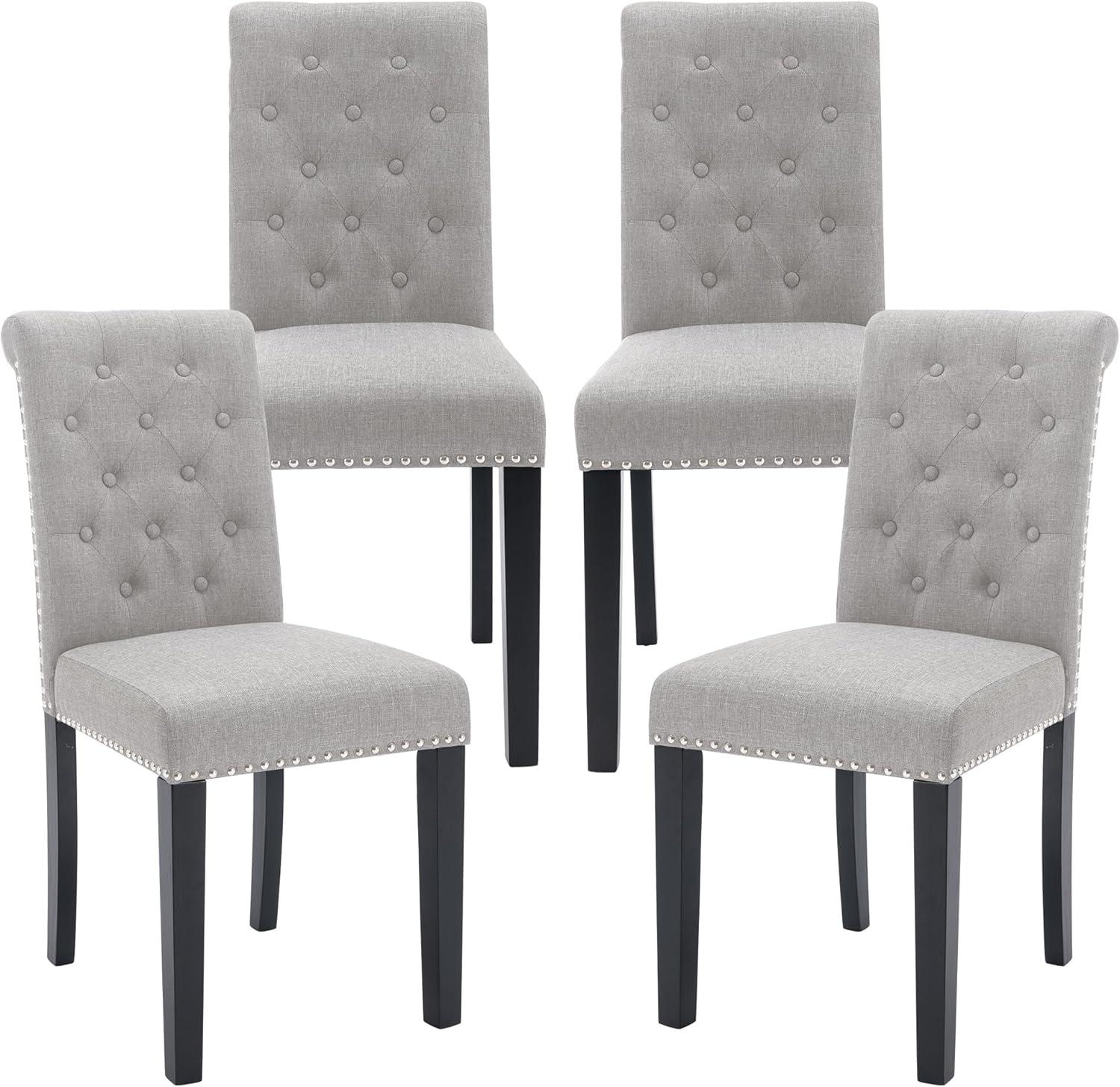 Gray Upholstered Tufted Dining Chairs with Wood Legs, Set of 4