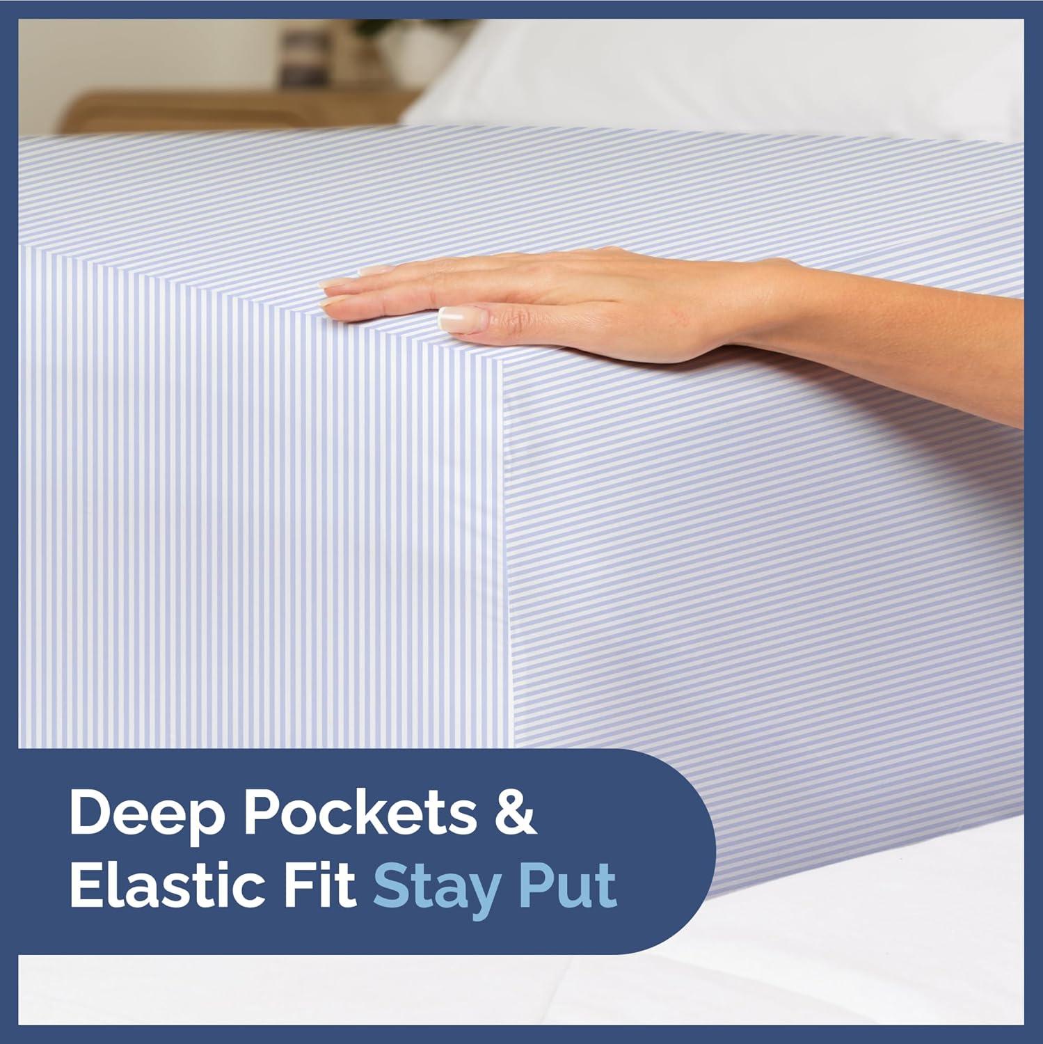 CGK Linens Kids 4 Piece Bed Sheet Set - Cute & Cozy Wrinkle-Resistant with Vibrant Designs in Blue Stripes, Size Full