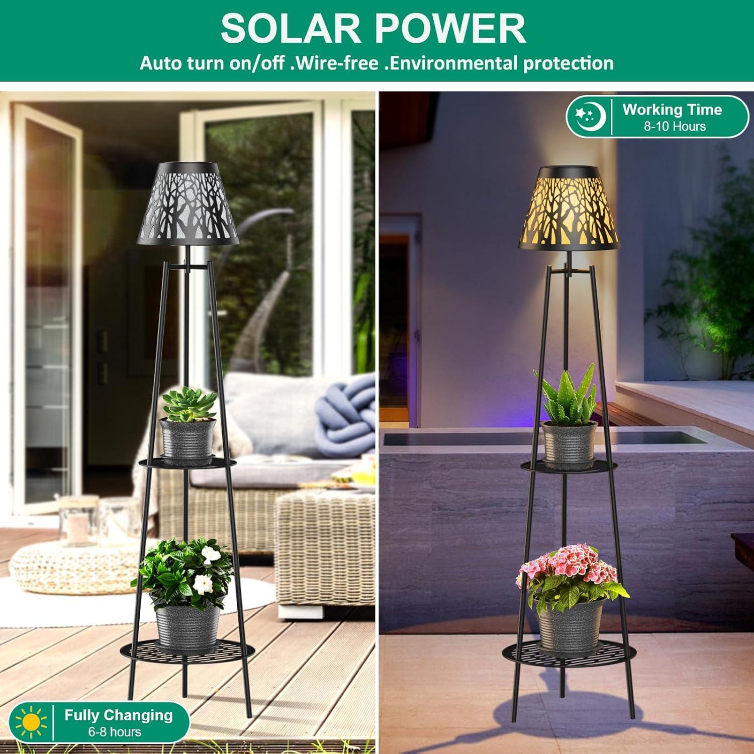 2 Pack 45.5'' Outdoor Floor Lamps with 2 Tier Plant Stand, Solar Powered Metal Waterproof Lights for Patio Deck Yard Garden Porch Decor
