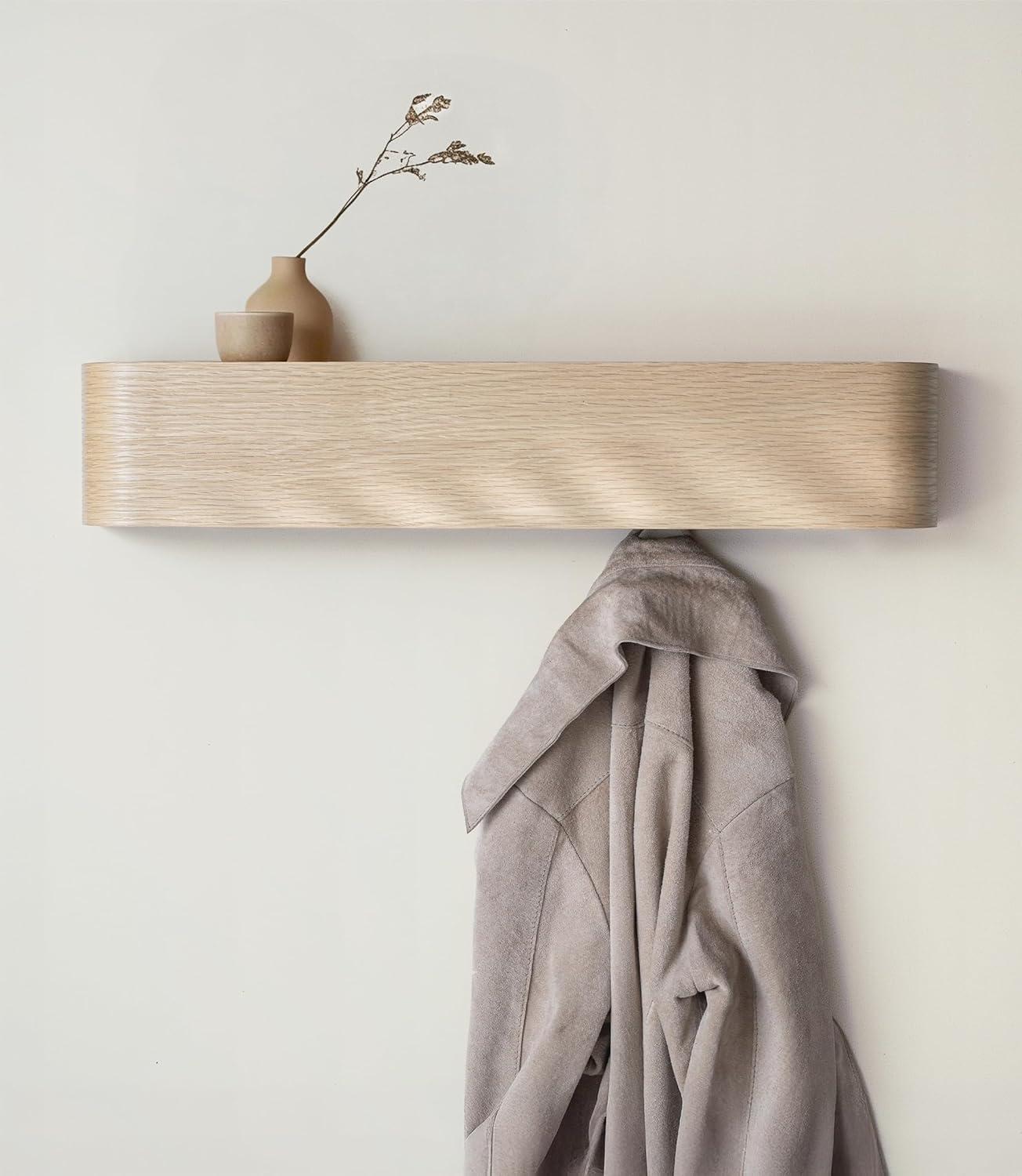 Kazai. Wall-Mounted Coat Rack 'Toke' - Modern Design Coat Rack with Hidden Wall Hooks - Solid Wood Veneer Panel Coat Hanger - Oak