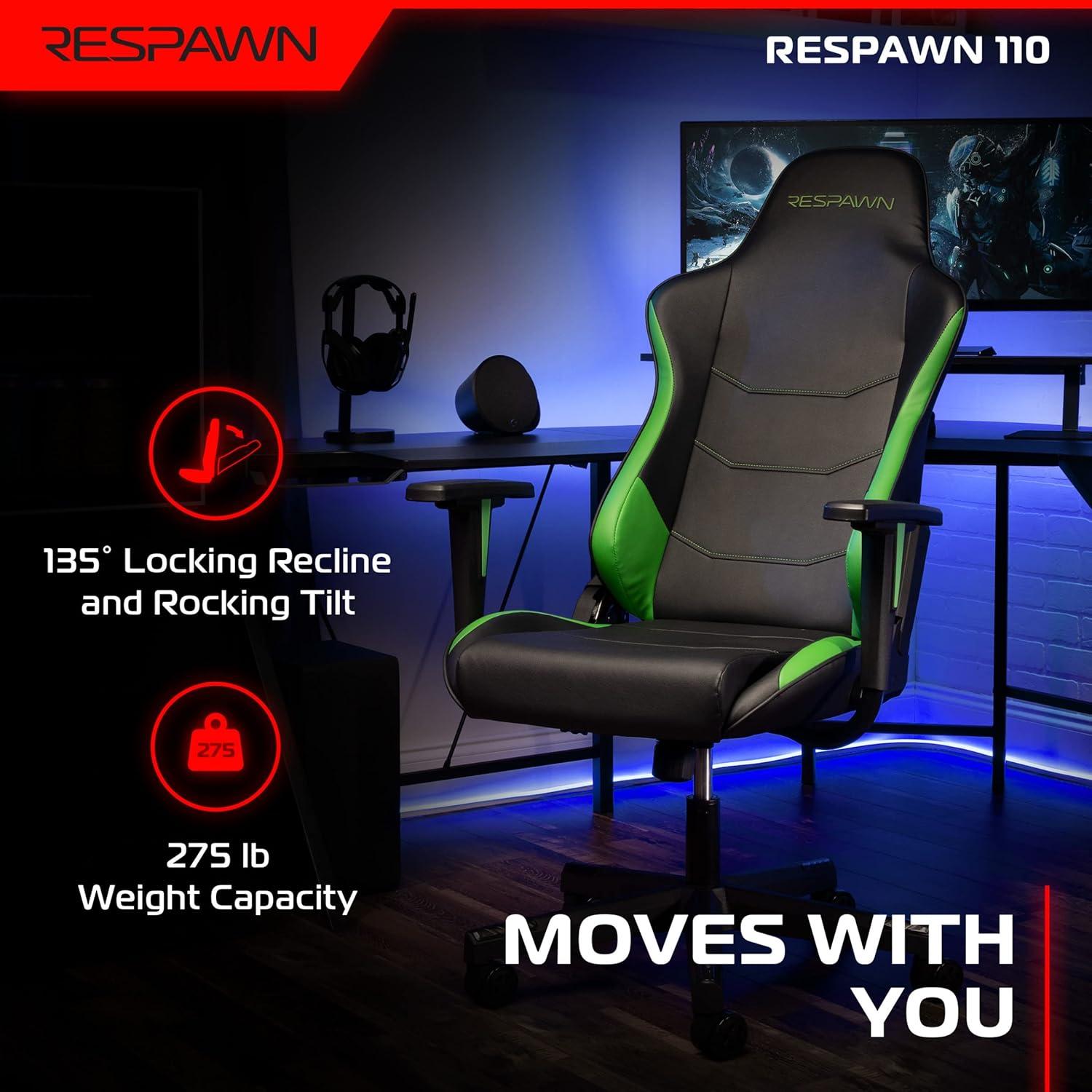 RESPAWN 110 Gaming Chair - Gamer Chair PC Computer Chair, Ergonomic Gaming Chairs, Office Chair with Integrated Headrest, Gaming Chair for Adults 135 Degree Recline with Angle Lock