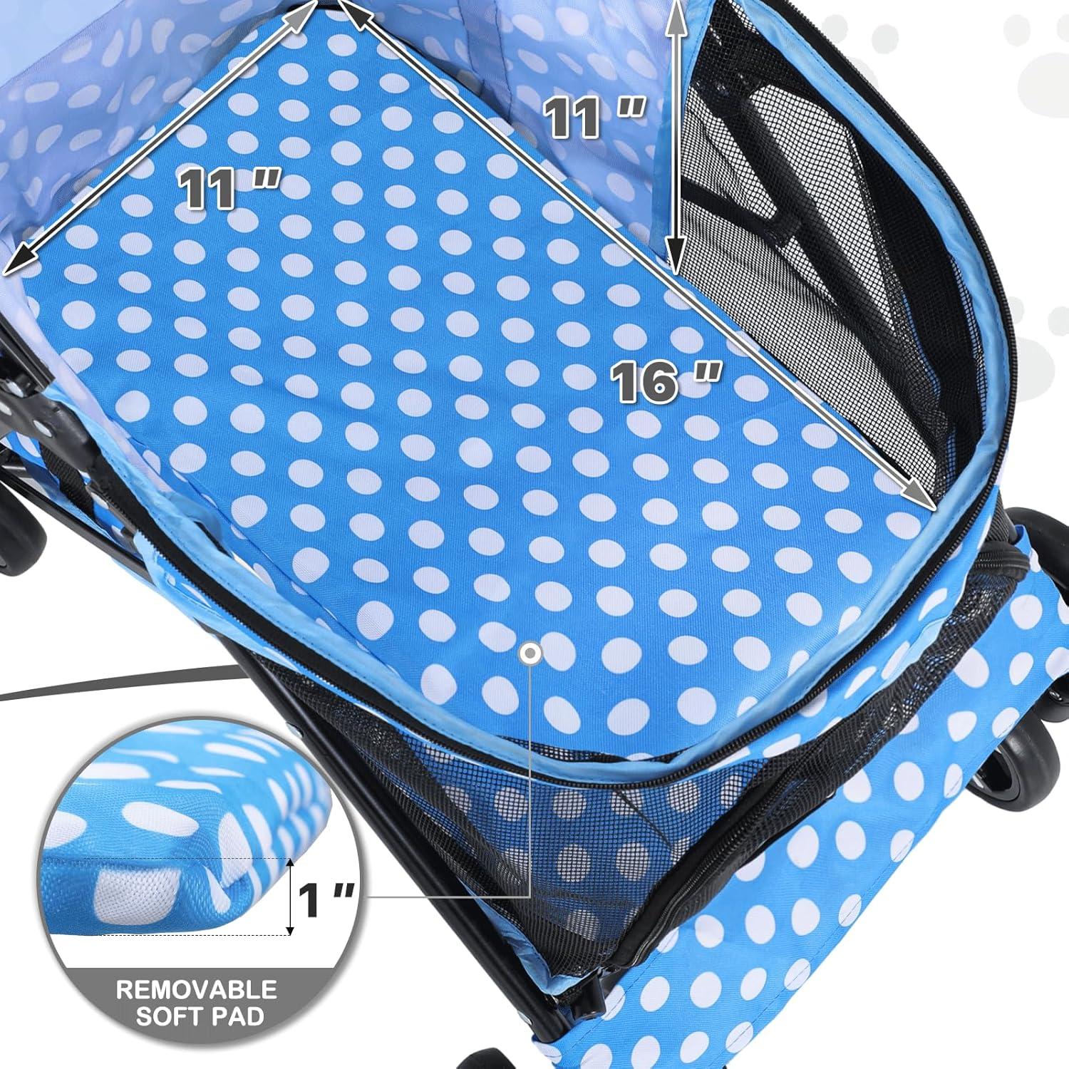 MoNiBloom 4 Wheel Foldable Lightweight Pet Trolley for Cats & Dogs, Sky Blue with White Polka Dots