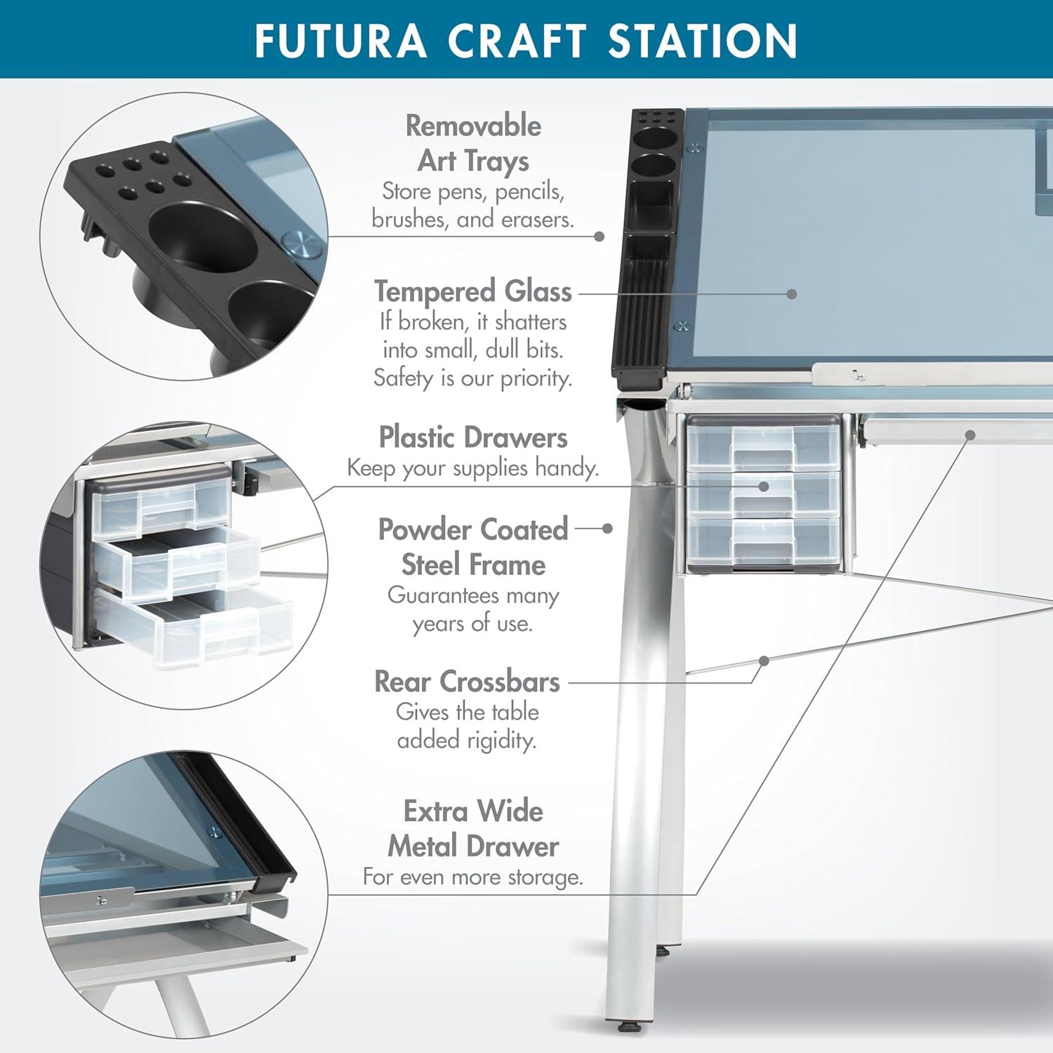 Studio Designs Futura Crafting, Drafting, Drawing Table with Adjustable Top, Silver/Blue Glass- Height 31.50 in.