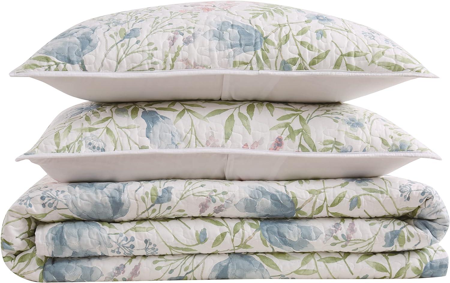 Field Blue and Green Floral Reversible Full Quilt Set