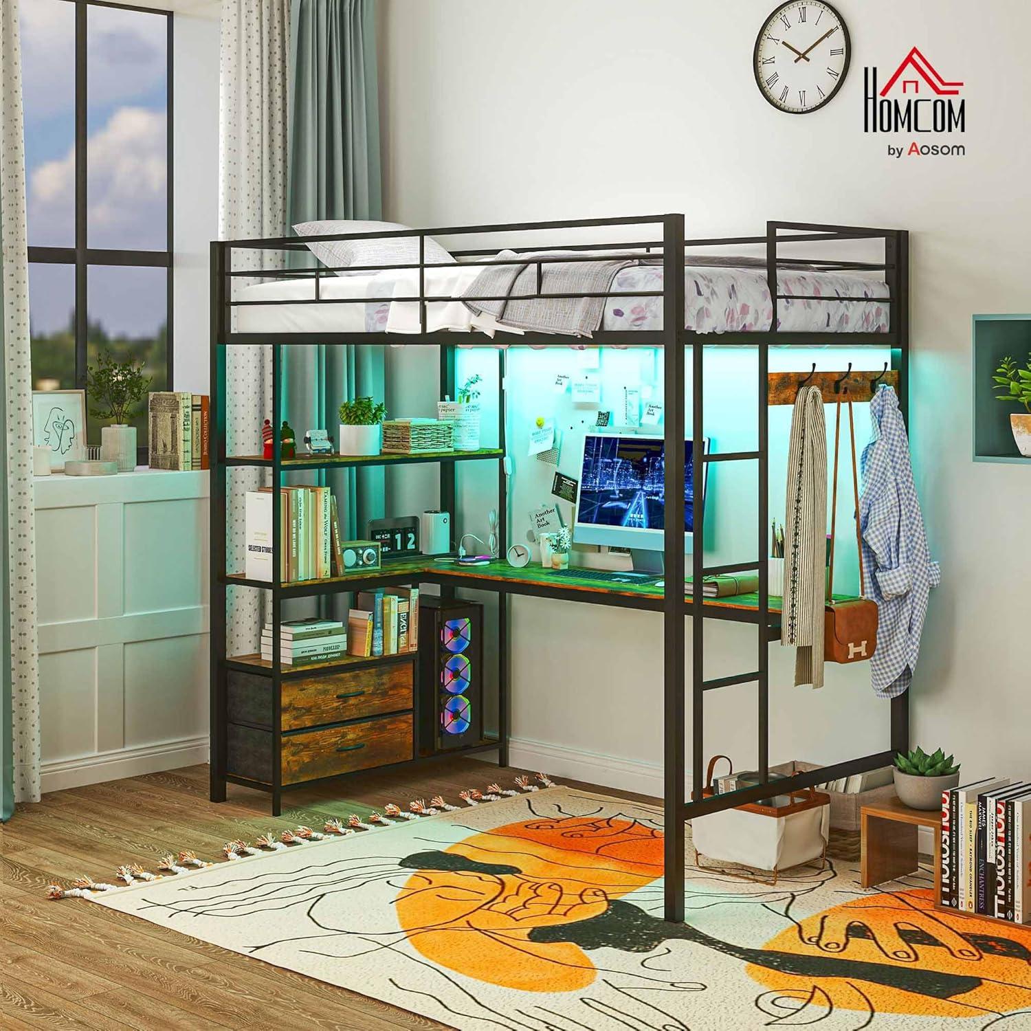 HOMCOM Twin Loft Bed with Desk, LED Lights, Charging Station, Twin Size Metal Loft Bed Frame with Safety Guardrail, Ladder, Noise Free, Black