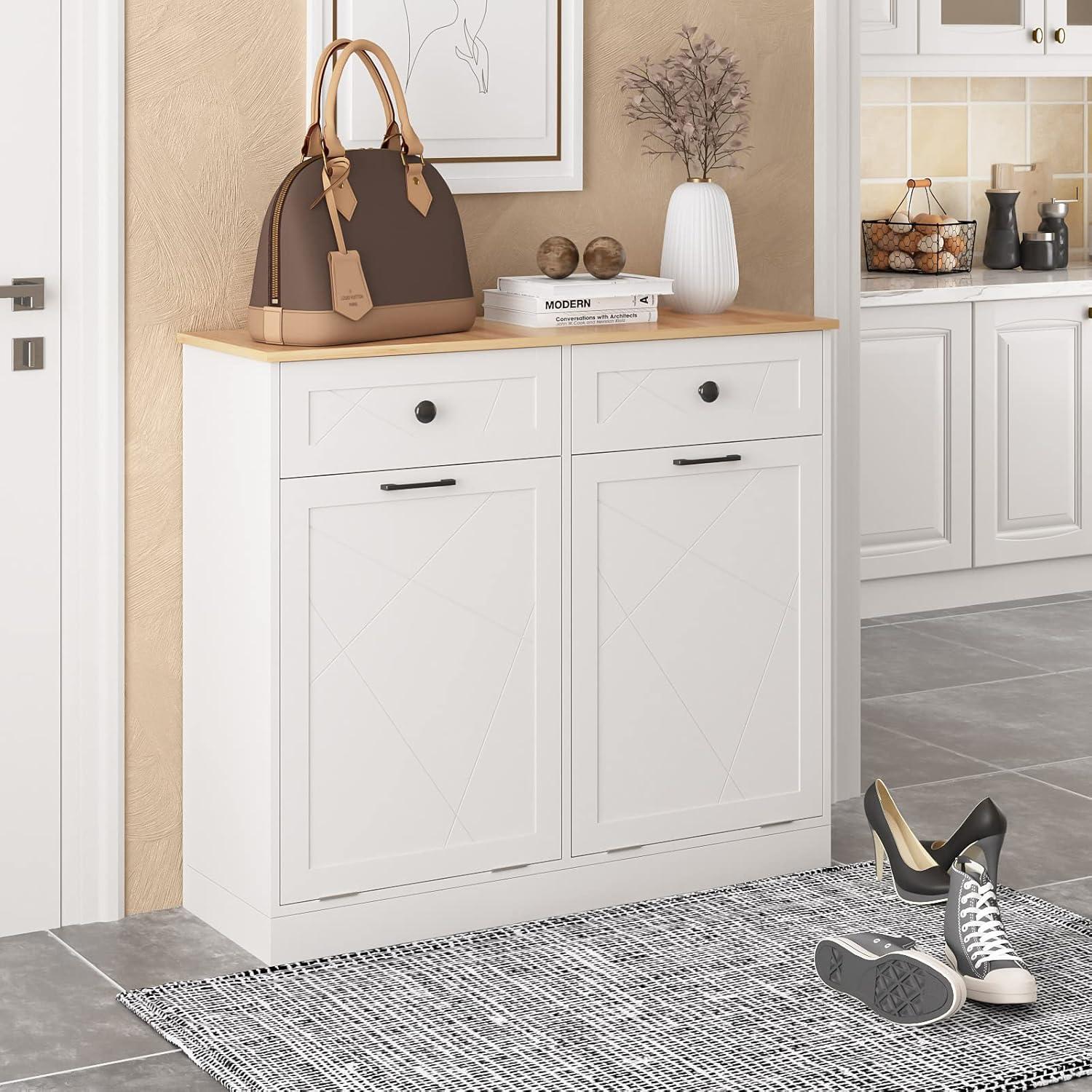 Vabches Kitchen Dual Tilt Out Trash Cabinet , Wood 10 Gal Garbage Cans Holder Drawers, White (Without Trash Bin)