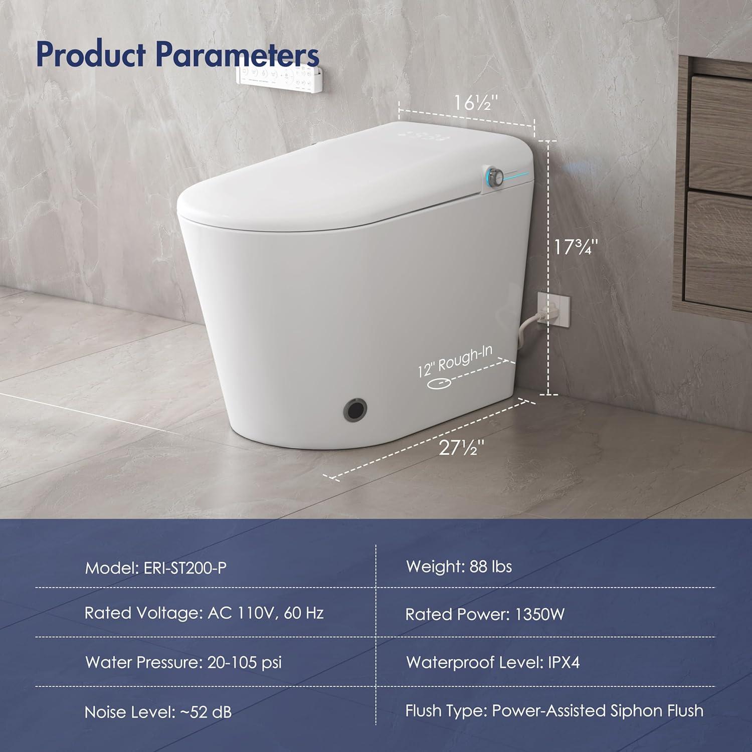 Smart Bidet Toilet with Heated Seat/Auto-flush/Air Dryer/LED-light, One Piece Bidet-Toilet with Remote Control/Auto Open&Close Lid