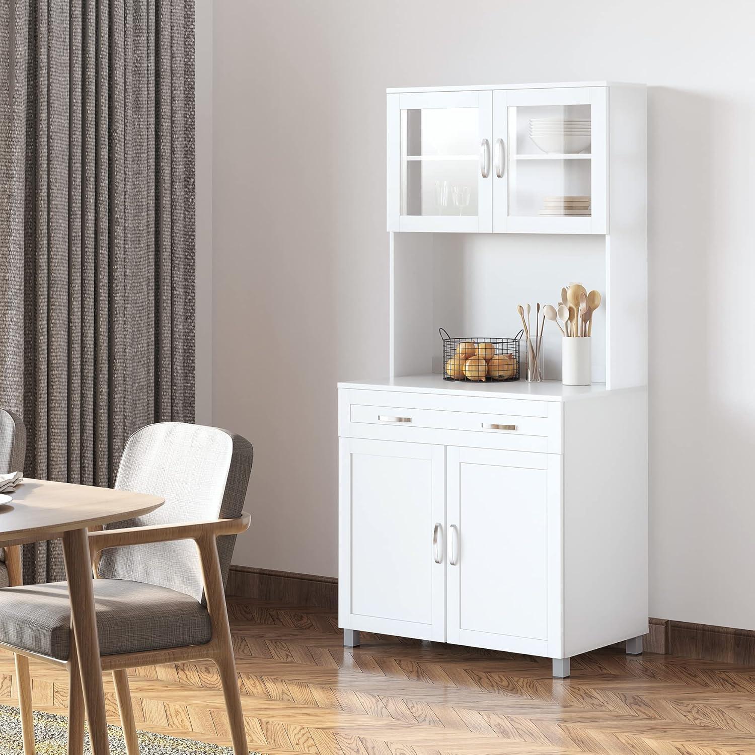 Modern White Kitchen Hutch with Glass Doors and Ample Storage