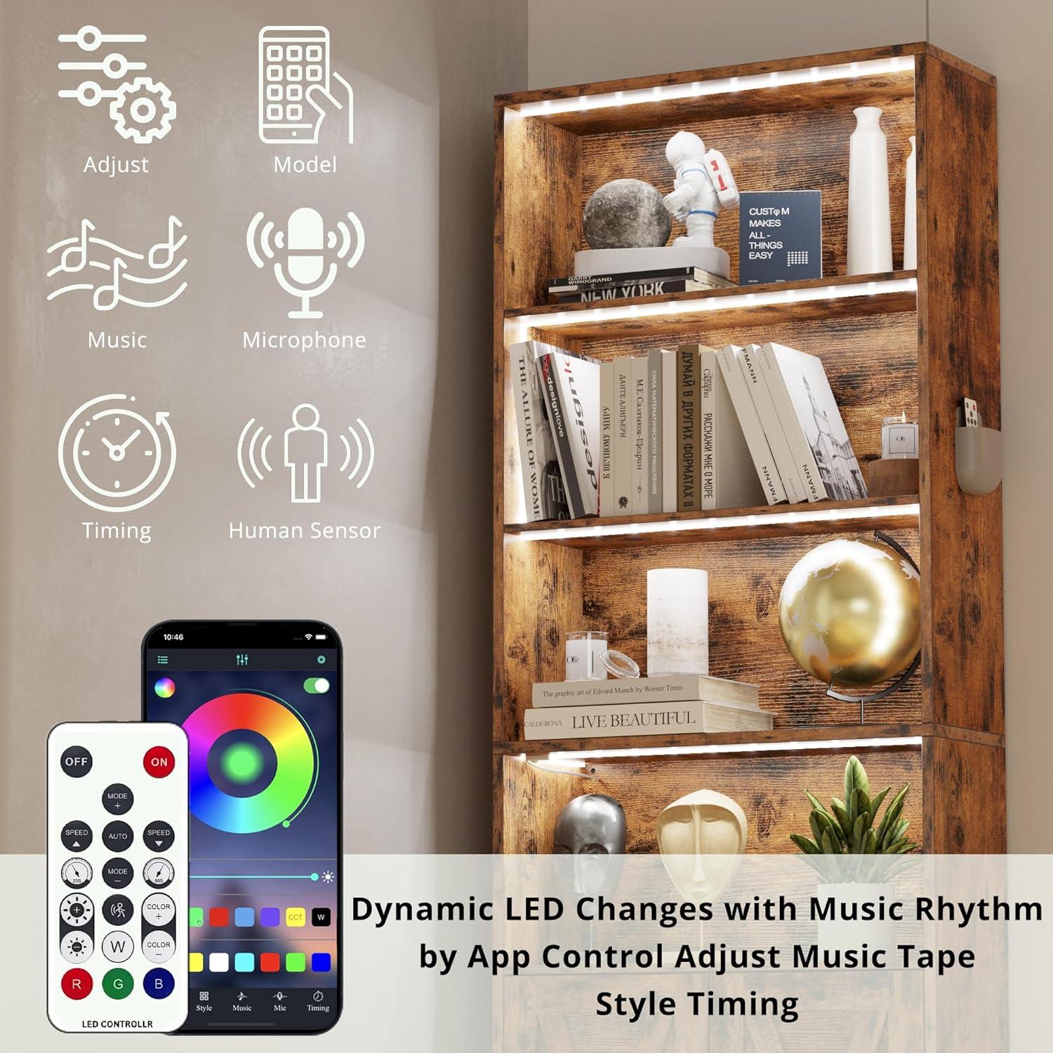 IRONCK Tall Bookcase with LED Lights, 70 in Industrial Bookshelf Display Shelf Floor Standing for Home Office, Living Room, Bed Room