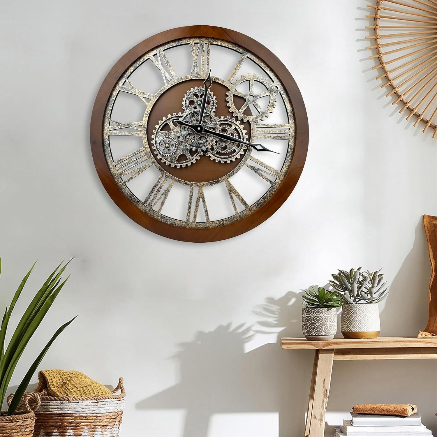 Wall Clock 24" Round Oversized for Living Room decor with Real Moving Gears America Collection