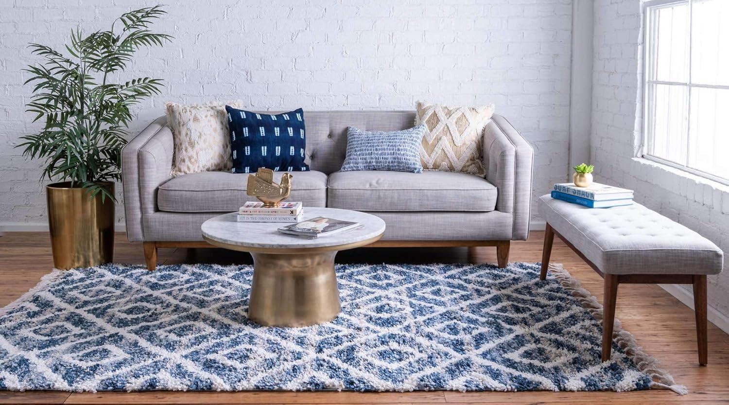 Unique Loom Hygge Shag Collection Area Rug - Diamond (4' 1" x 6' 1" Rectangle Blue/Beige)