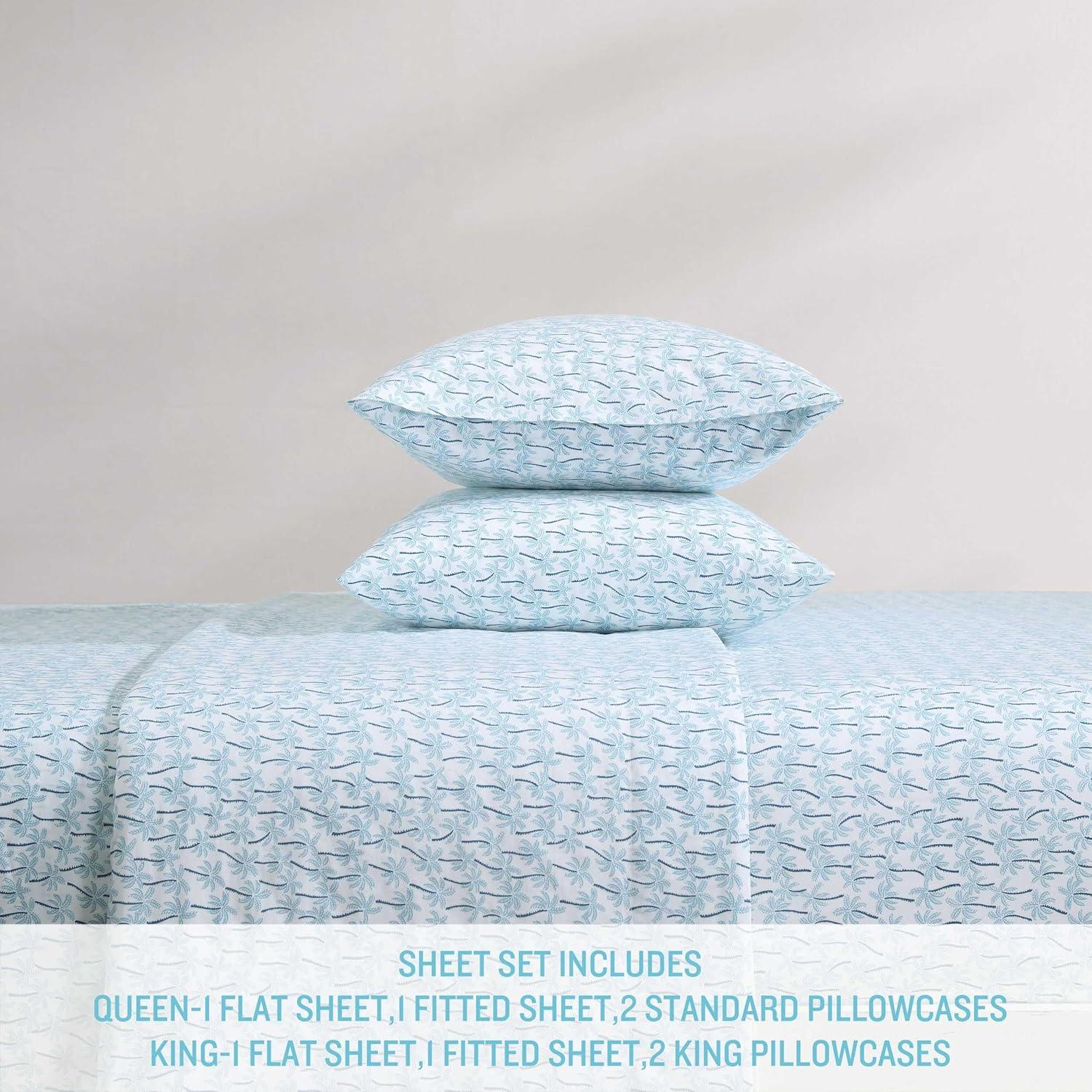 Palmtastic Blue Cotton Queen Sheet Set with Palm Print