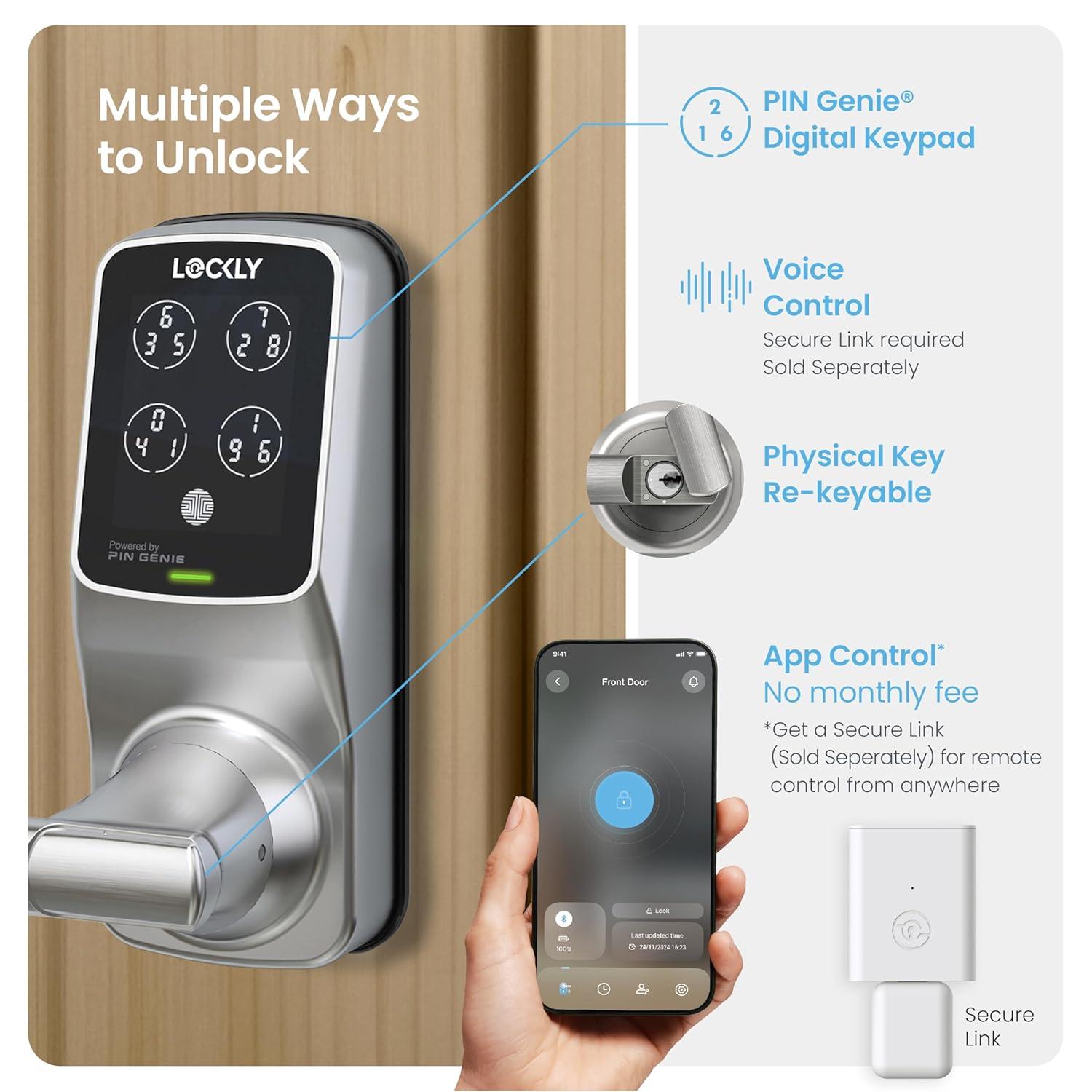 Lockly Smart Lock Model 6S, Bluetooth Smart Door Lock, Keyless Entry Door Lock, Touchscreen Keypad, App Control, eKeys and Offline Access Code, Auto Lock - Satin Nickel