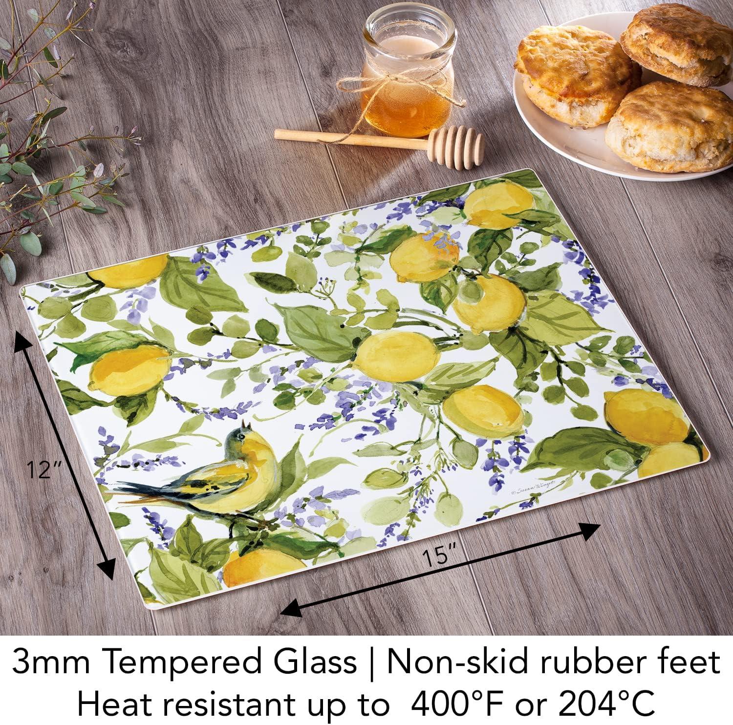 Watercolor Lemons Tempered Glass Cutting Board with Non-Slip Feet