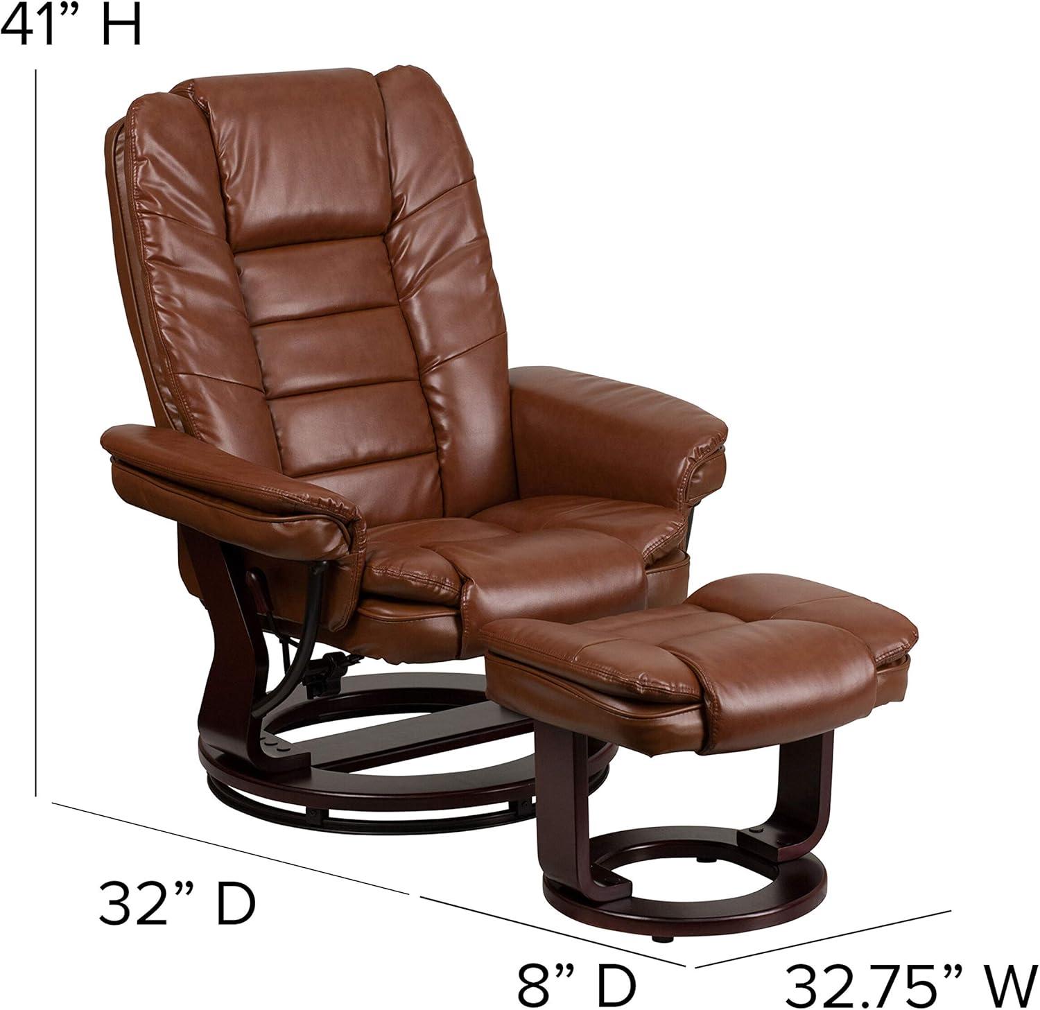 Brown Leather Swivel Recliner with Mahogany Wood Base