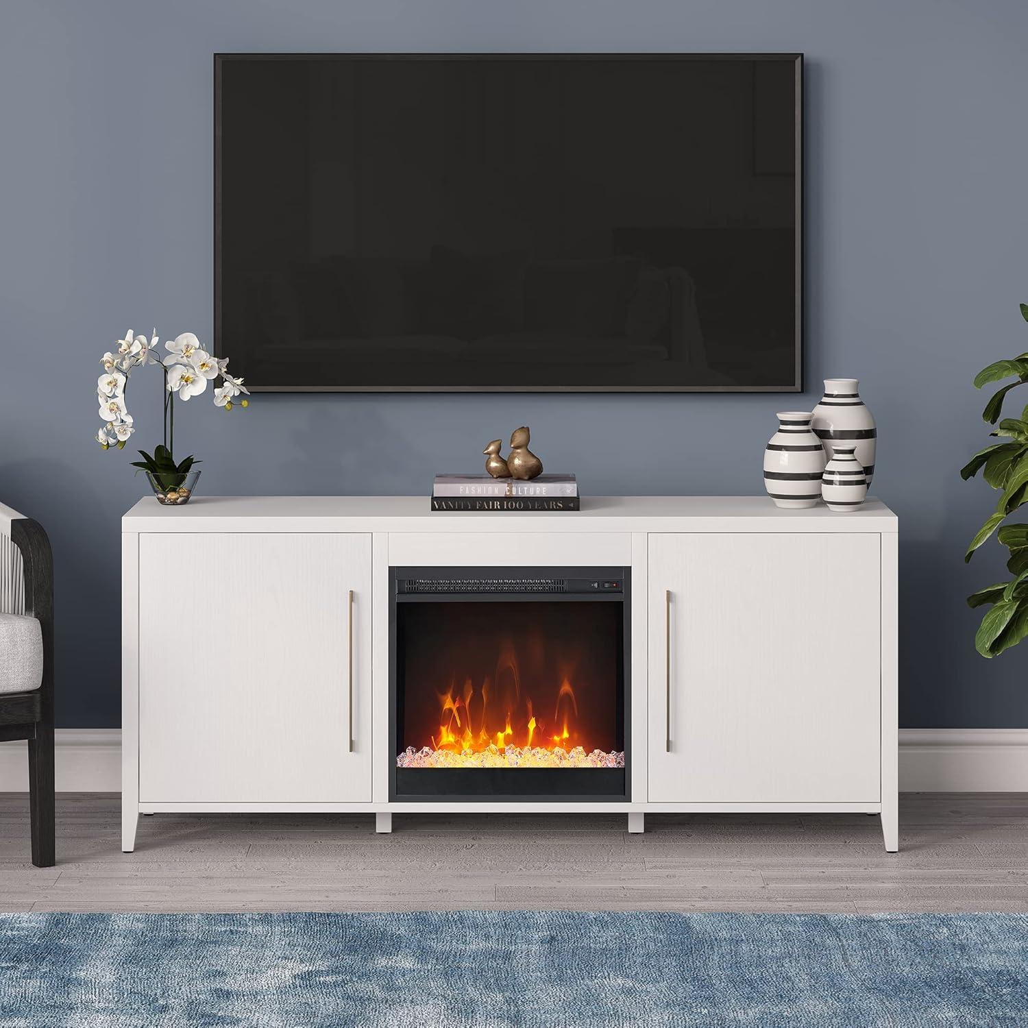 White MDF TV Stand with Crystal Fireplace and Storage Cabinets