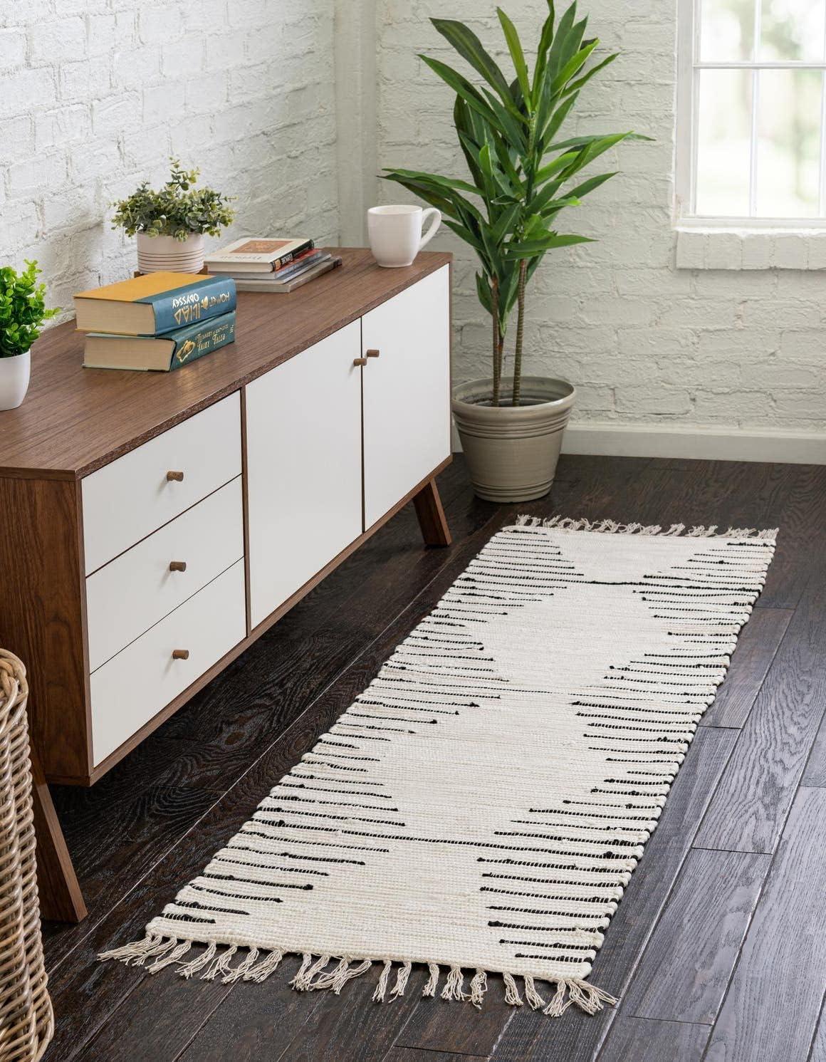 Ivory and Black Geometric Handmade Cotton Runner Rug