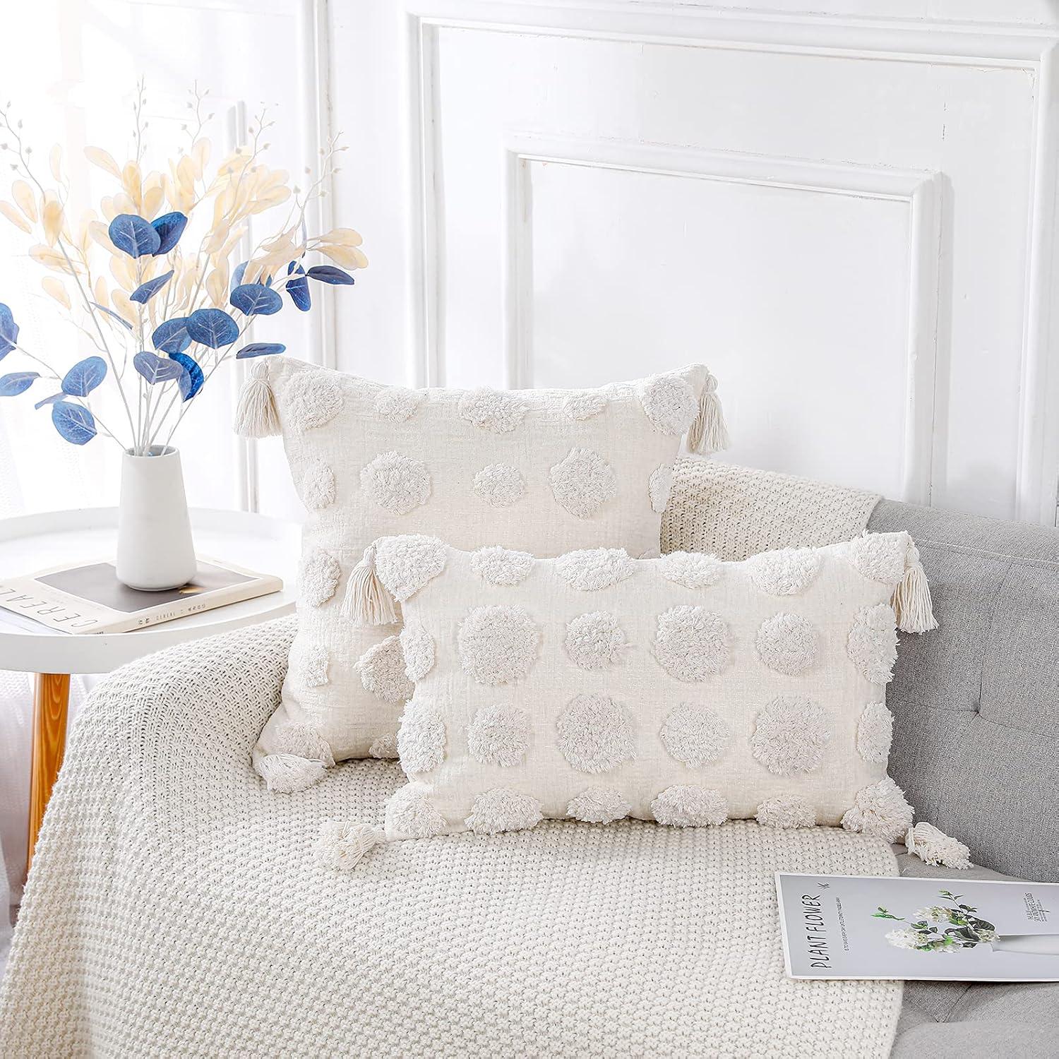 Cream Chenille Pom Pom Tufted Lumbar Throw Pillow with Tassels