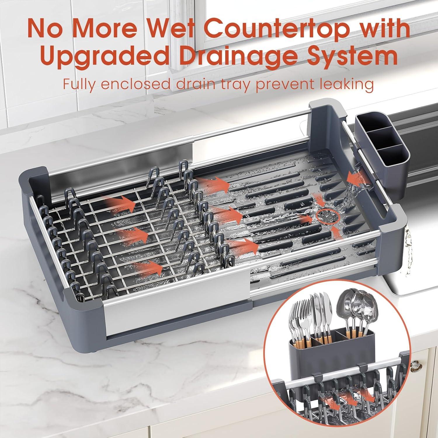 TOOLF Extendable Dish Rack, Dual Part Dish Drainers with Non-Scratch and Movable Cutlery Drainer and Drainage Spout, Adjustable Dish Drying Rack for Kitchen, 1 Piece White