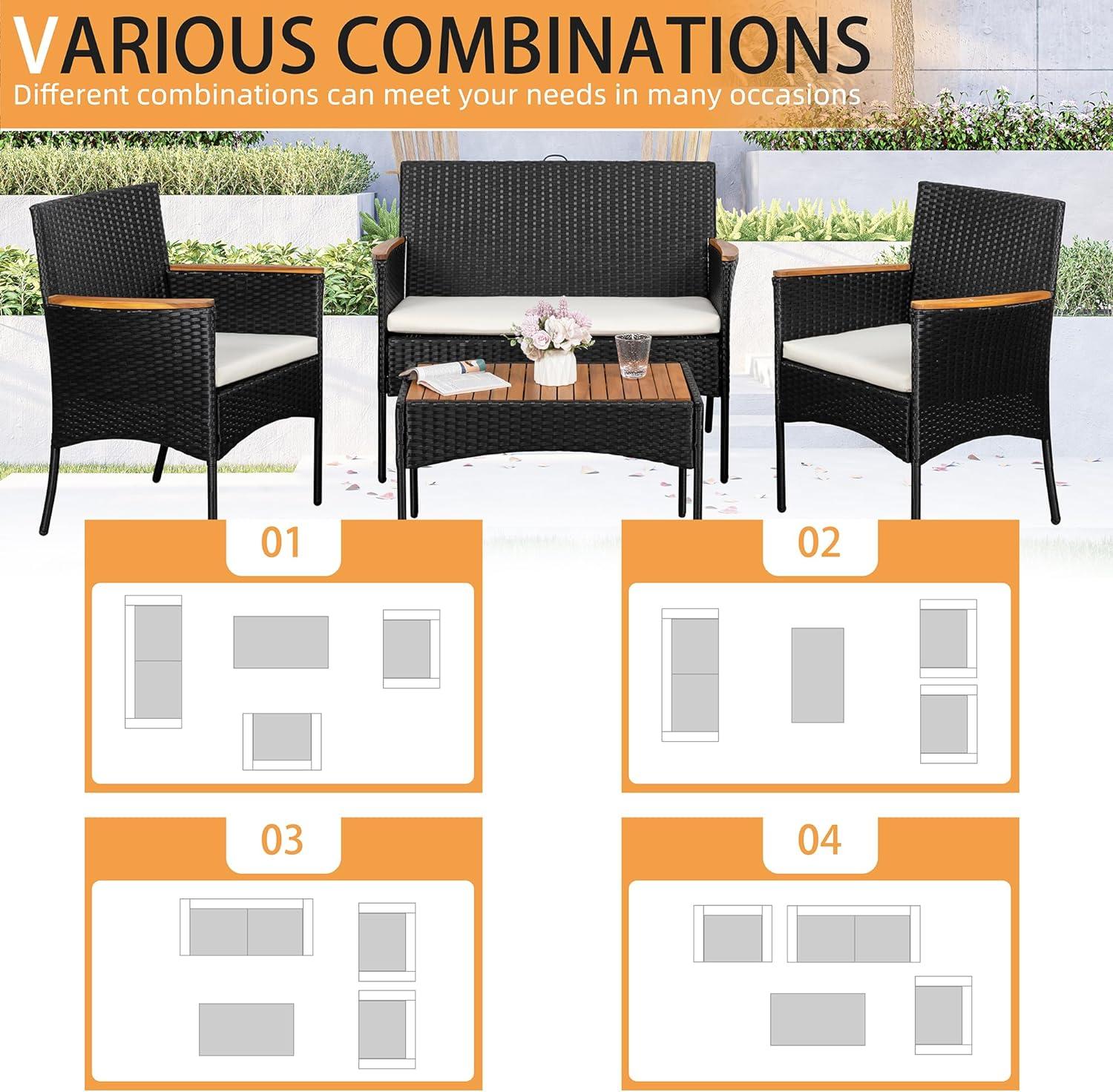 4-Piece Black Wicker Patio Furniture Set with Beige Cushions and Wooden Tabletop