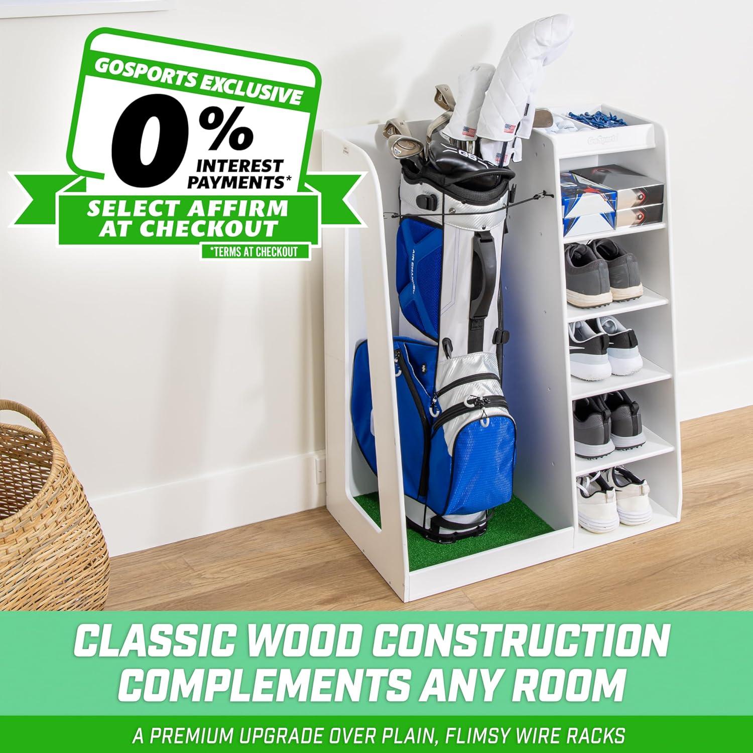 GoSports Premium Wooden Freestanding Golf Bag Organizer and Storage Rack