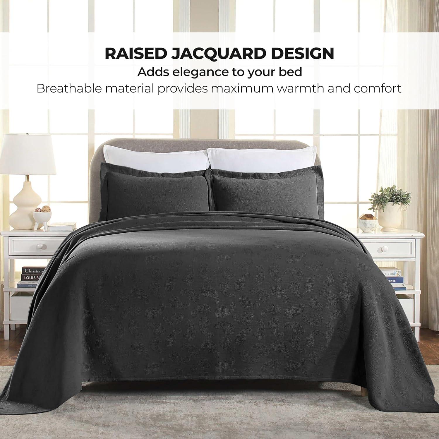 Superior Paisley Cotton Decorative Bedspread and Sham Set, Queen, Black