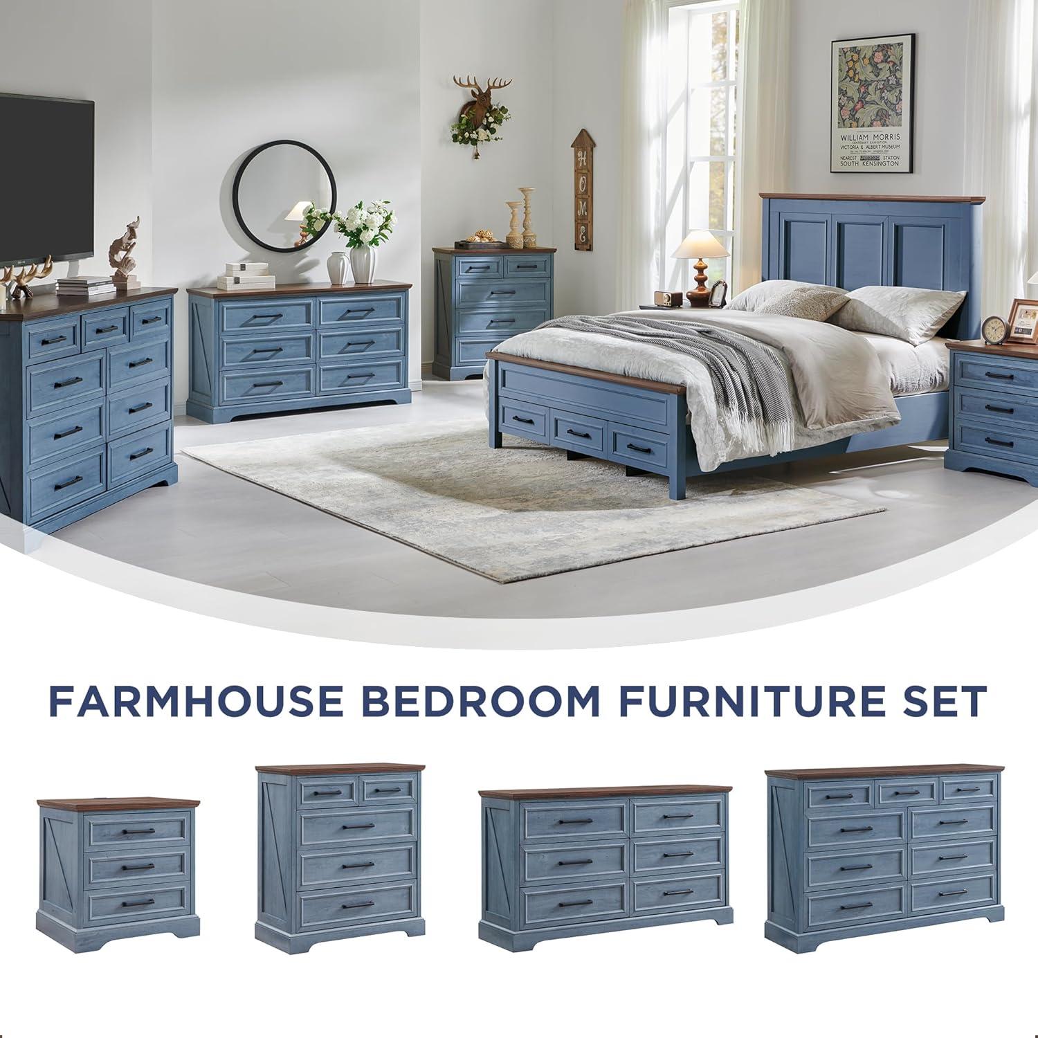 SinCiDo 24" Wide Farmhouse Nightstand with Charging Station & 3 Drawers & Handles, End Table for Bedroom, Living Room, Blue