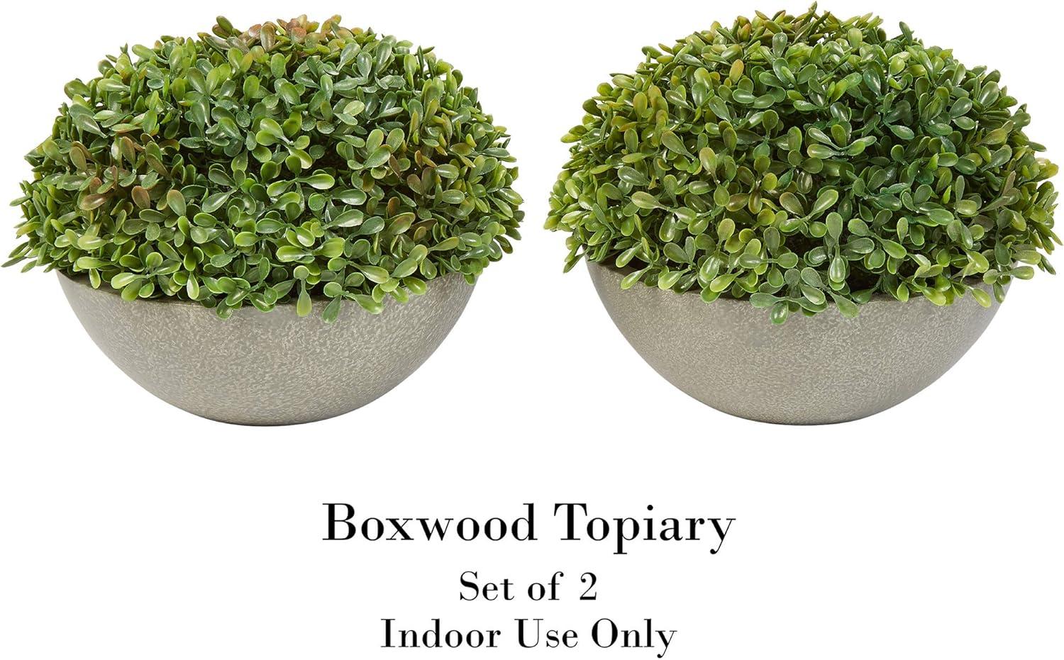 Pure Garden Faux Boxwood Set of 2 Matching Realistic 6" Tall Topiary Arrangements in Decorative Stone Bowls for Indoor Home or Office