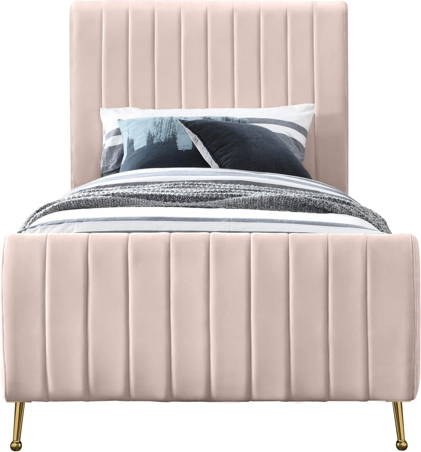 Meridian Furniture Zara Contemporary Queen Bed with Gold Legs and Slats, Pink Velvet