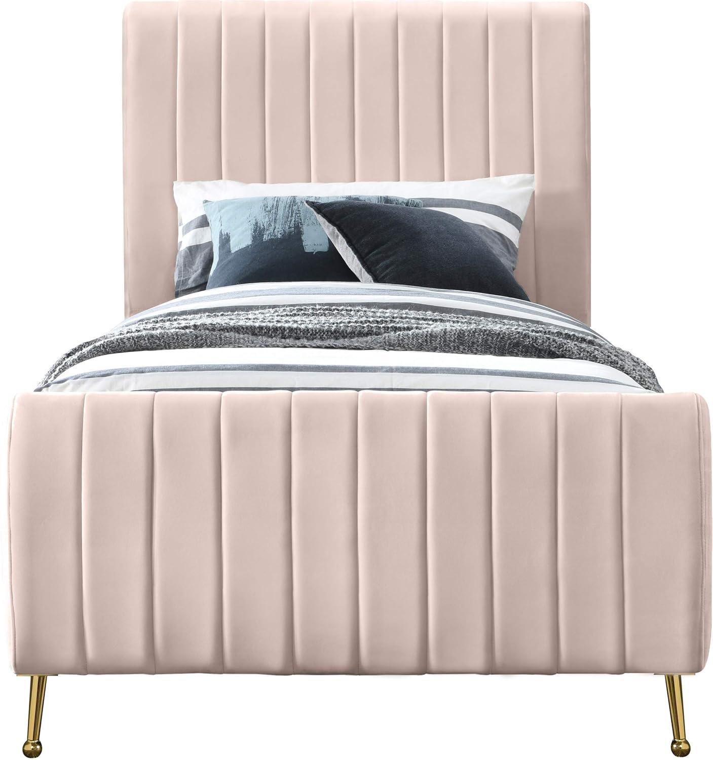 Meridian Furniture Zara Contemporary Queen Bed with Gold Legs and Slats, Pink Velvet