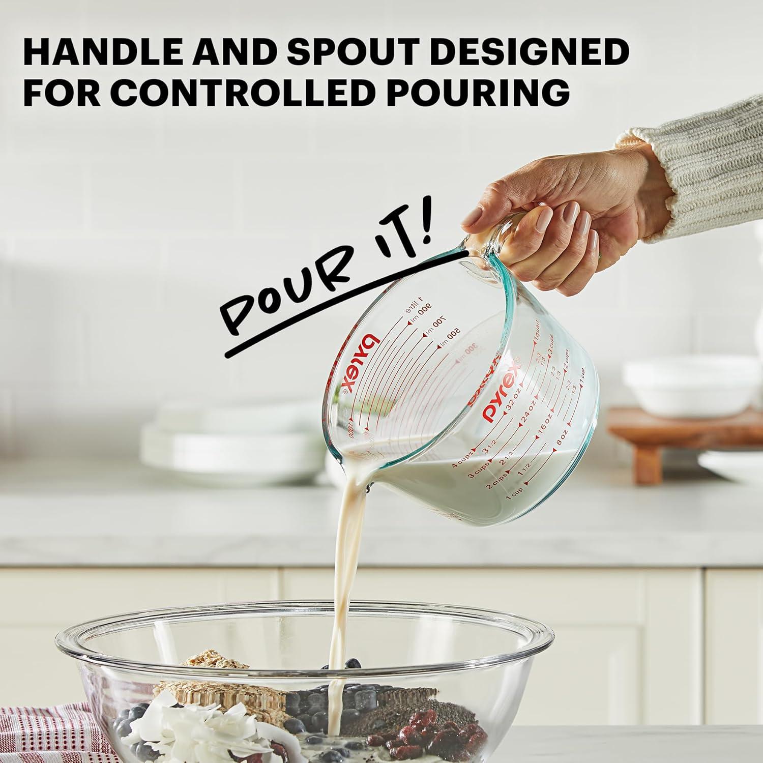Pyrex Measuring Cup Set 3 piece: Glass Liquid Measuring Cups, Microwave & Dishwasher Safe, 1, 2, & 4-Cup Sizes